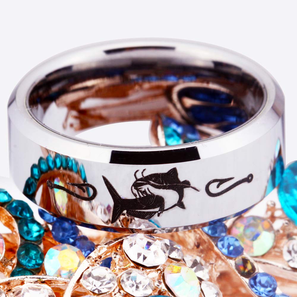CLOUD DANCER Silver Tungsten Ring for Men - Catfish Design Wedding Band, Engravable Promise Ring - Durable & Scratch-Resistant Jewelry for Grooms, Anniversaries & Outdoor Enthusiasts