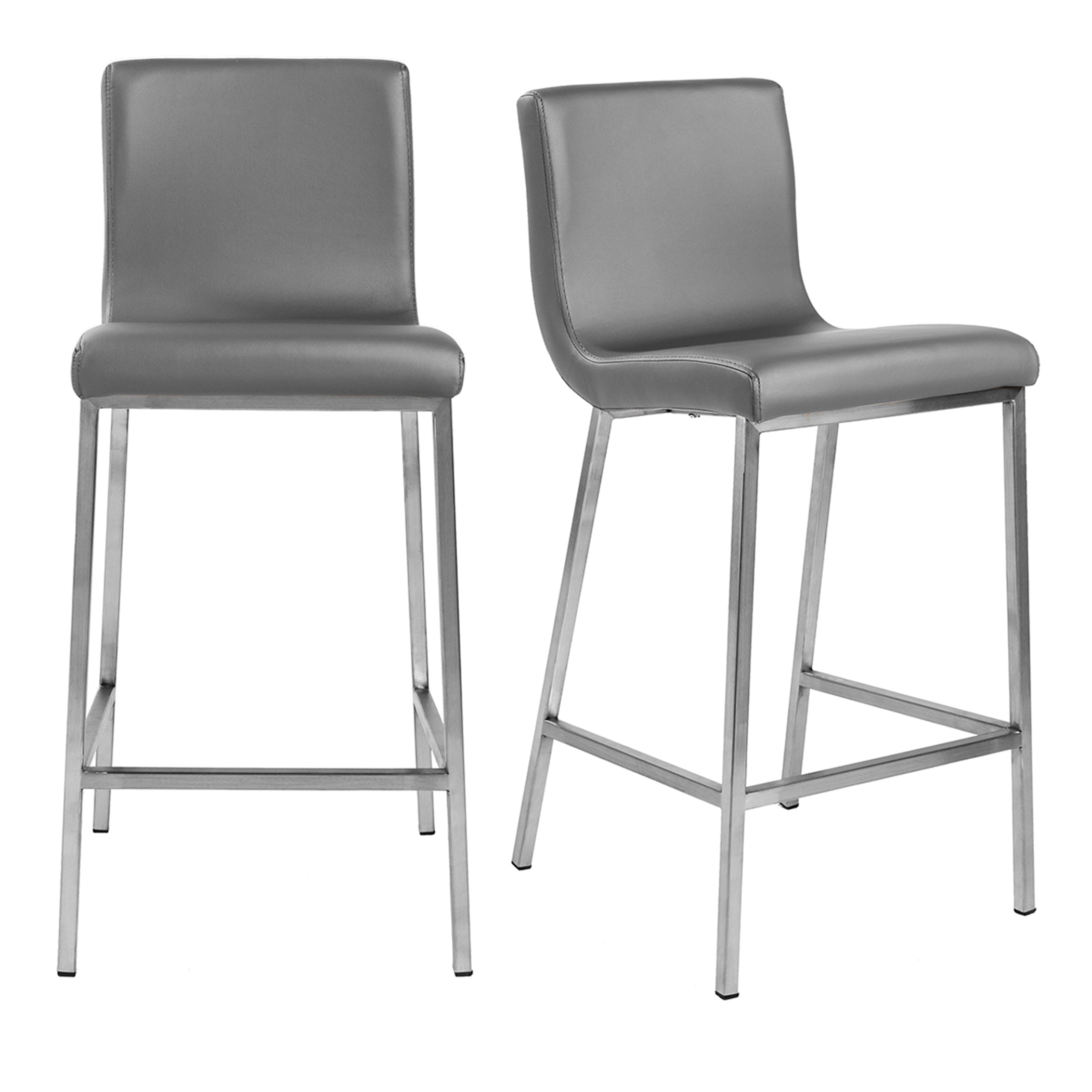 Scott Counter Stool Set of 2 - Gray Leather Seat with Brushed Stainless Steel Frame (80955GRY) | Modern Bar Stools for Kitchen Island, Breakfast Nook & Home Bar