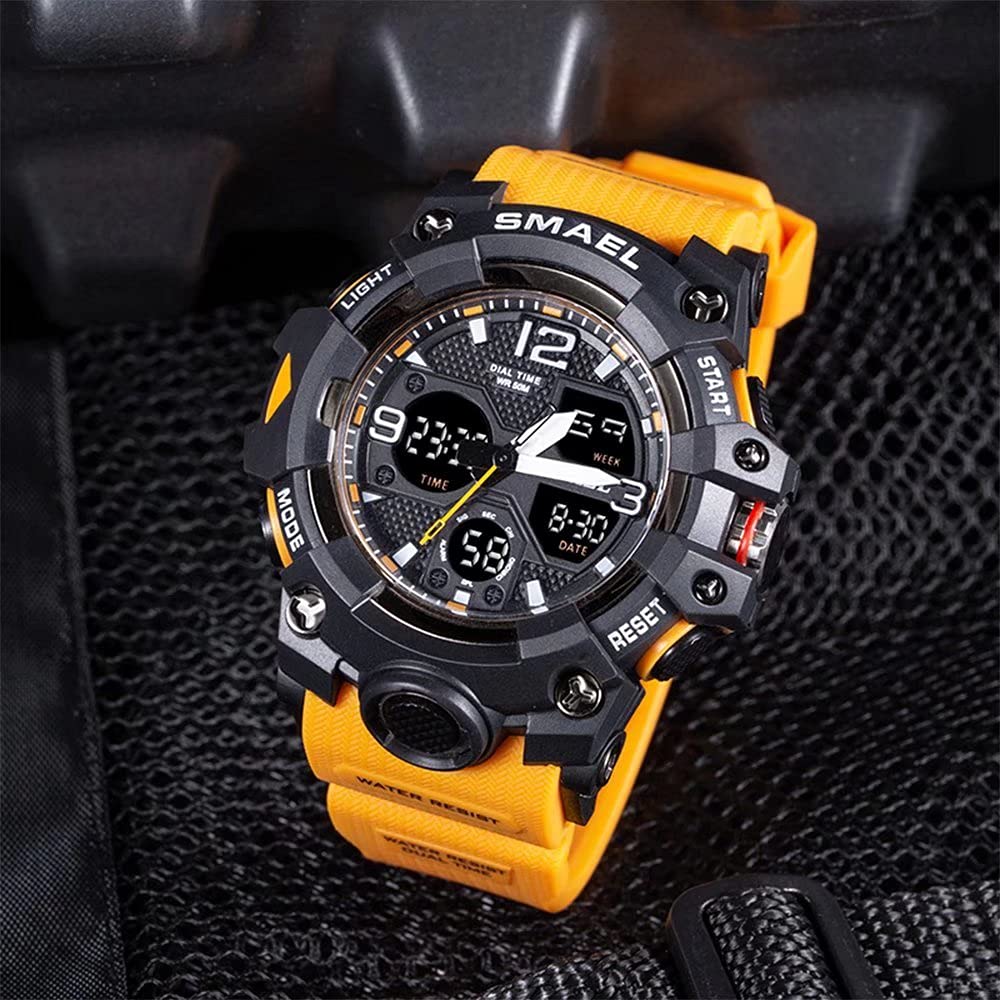 SMAEL Men's Military Digital Watch - Waterproof Sports Wristwatch with Date, LED Alarm & Stopwatch - Large Face Orange Digital Watch for Outdoor Activities, Hiking & Adventure Enthusiasts