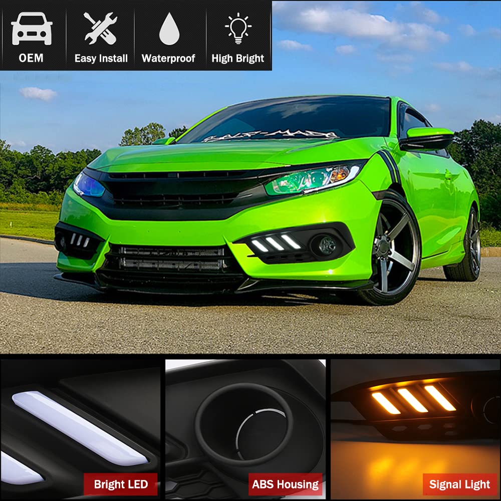 2016-2018 Honda Civic LED Fog Lights with Amber Turn Signal - DRL Daylight Running Lamps Replacement Kit with Bezel (HDCV16) | Perfect for Night Driving & Enhanced Visibility