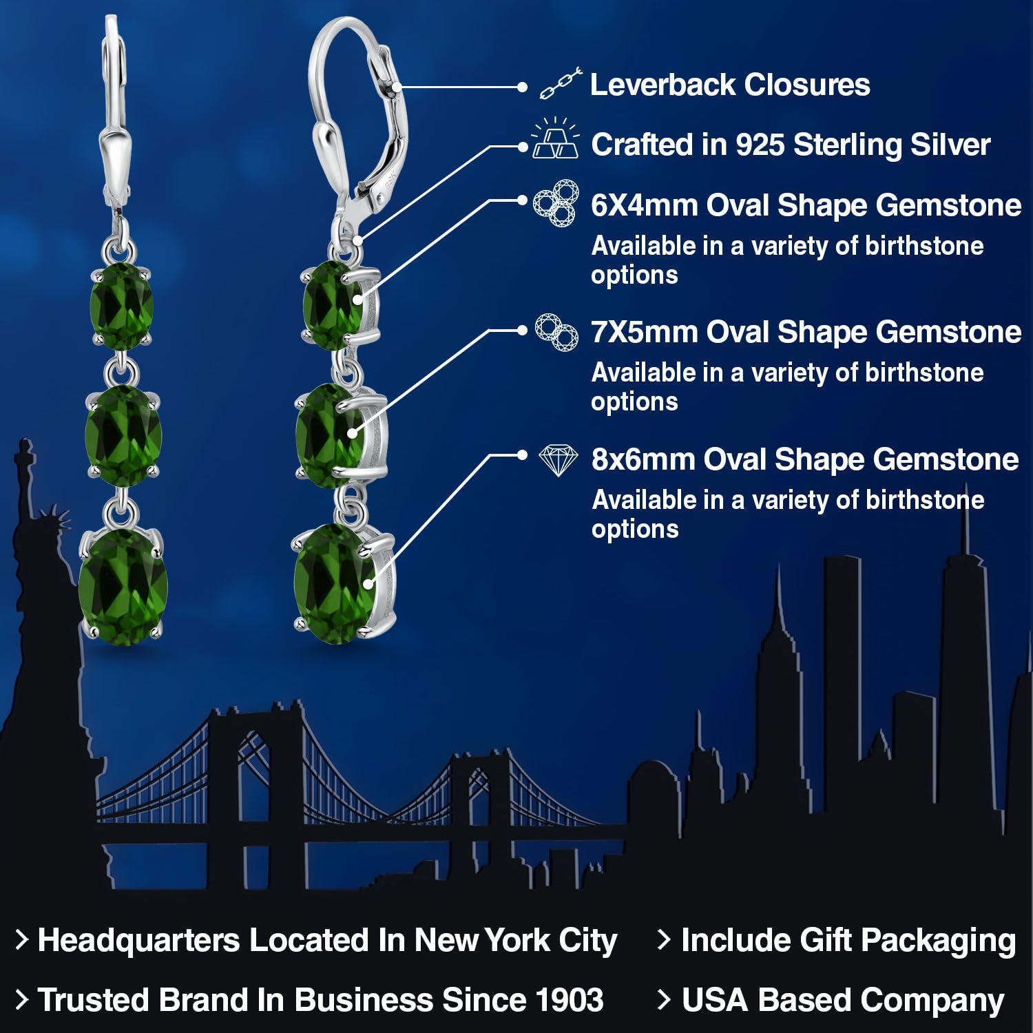 Gem Stone King 3-Stone Leverback Drop Dangle Earrings for Women - 925 Sterling Silver Birthstone Jewelry | Oval 8x6mm, 7x5mm & 6x4mm Gemstones | Elegant Gift for Mom, Wife, Her | Perfect for Weddings, Anniversaries & Special Occasions