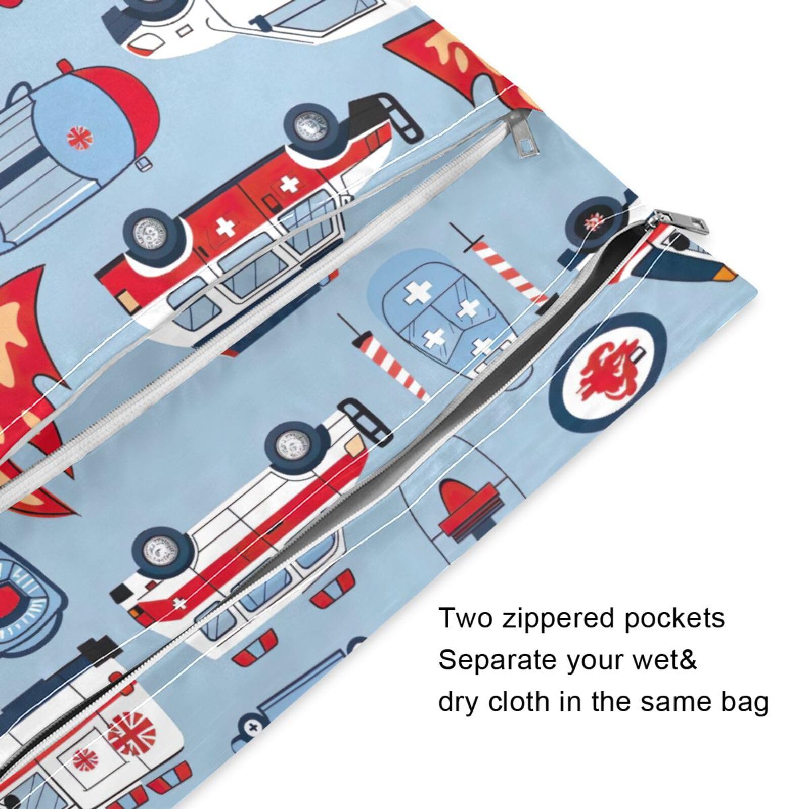 Waterproof Wet Dry Bag Set of 2 - Cute Fire Truck & Police Car Design Diaper Bag for Travel, Beach, Gym, Swimming & Baby Essentials Storage | Kawaii Style
