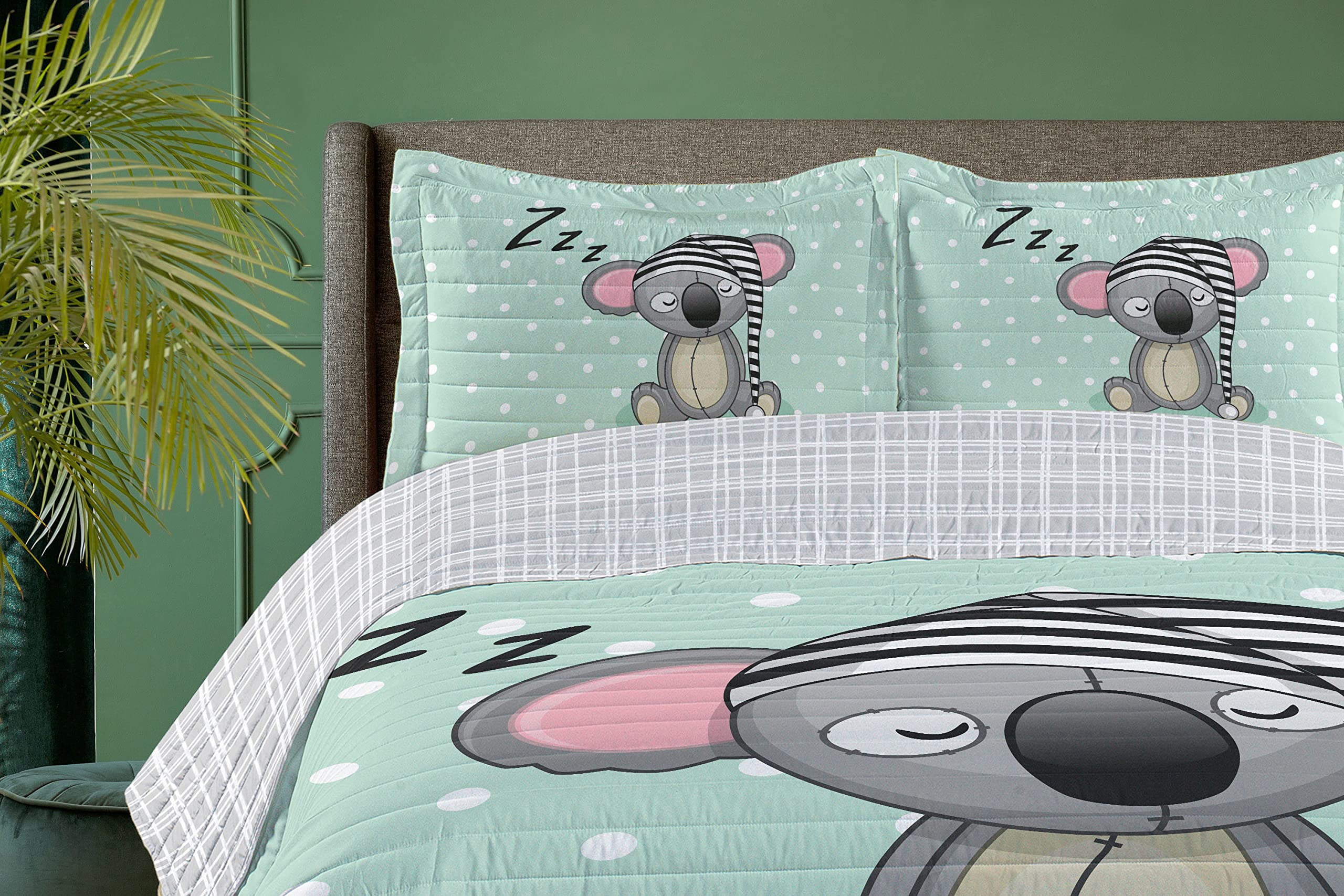 Ambesonne Koala Reversible King Size Bedspread Set - Mint Green Grey Pink Microfiber Comforter with Pillow Shams, Playful Polka Dot & Striped Hat Design - Perfect for Kids' Bedrooms, Nursery Decor, and Cozy Animal-Themed Bedding