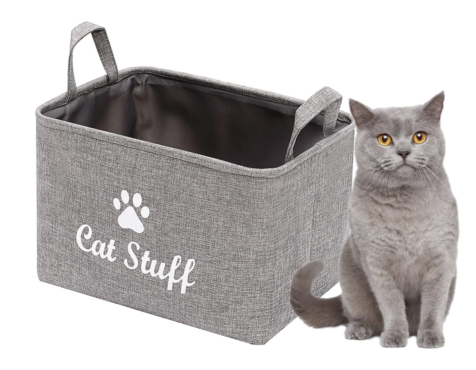 Canvas Cat Toy Storage Basket - Pet Accessory Organizer for Toys & Blankets - Gray