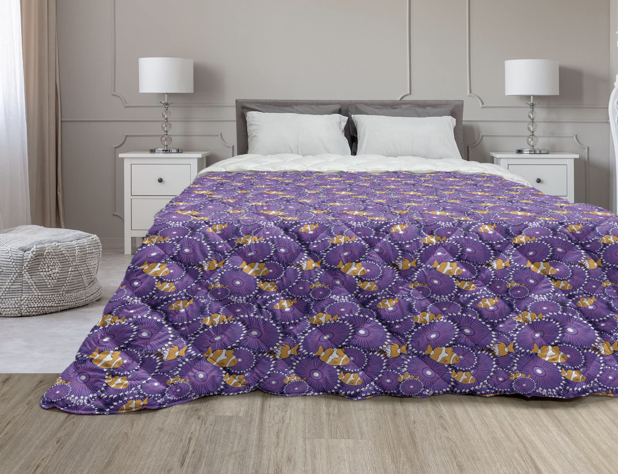 Ambesonne Underwater Down Alternative Comforter - Oceanic Aquarium Theme with Cartoon Clownfish & Coral Reefs | All-Season Microfiber Quilt for Twin XL Bed | Purple Marigold & White | Perfect for Kids' Rooms, Beach Themed Decor & Marine Lovers