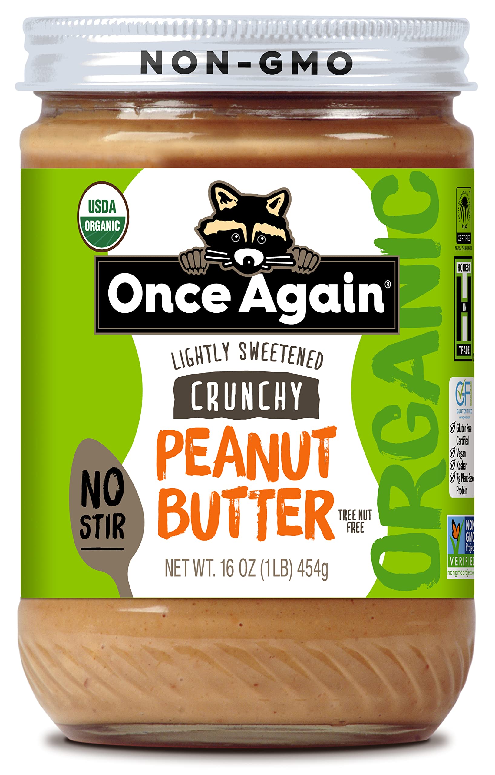 Once Again Organic Crunchy Peanut Butter, 16oz Jar - No Stir, Lightly Sweetened & Salted - USDA Organic, Gluten Free, Vegan, Kosher - Perfect for Sandwiches, Smoothies & Healthy Snacks