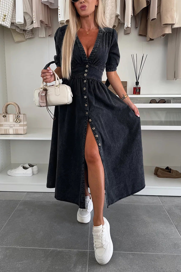 Stylish Solid Color V-Neck Button Down Denim Midi Dress for Women | Casual & Office Wear | Perfect for Spring & Summer Outings