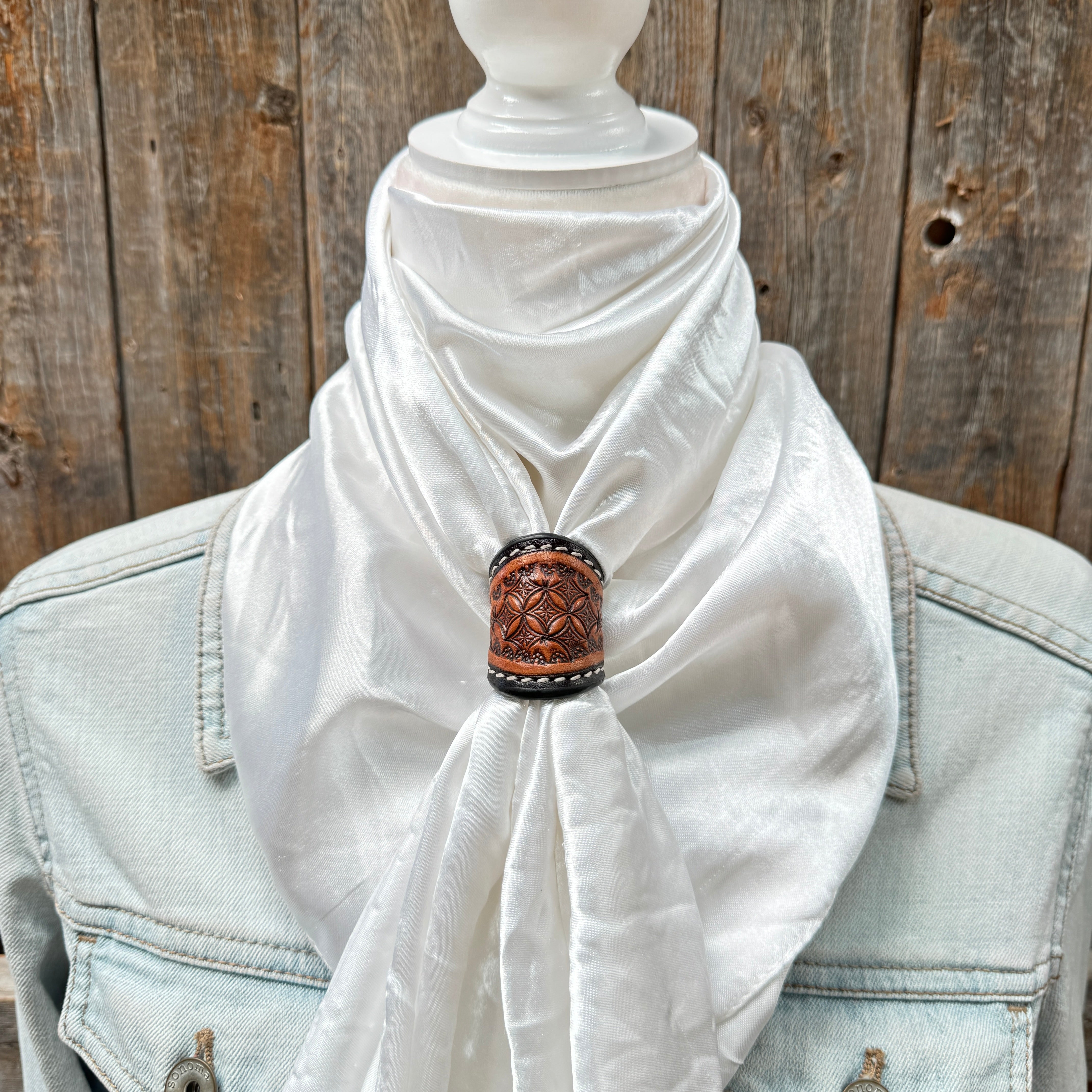 35x35 Inch Solid White Wild Rag Scarf with Tooled Leather Slides - Western Style Bandana for Cowboy, Cowgirl, and Outdoor Enthusiasts - Perfect for Rodeo, Horse Riding, and Country Fashion