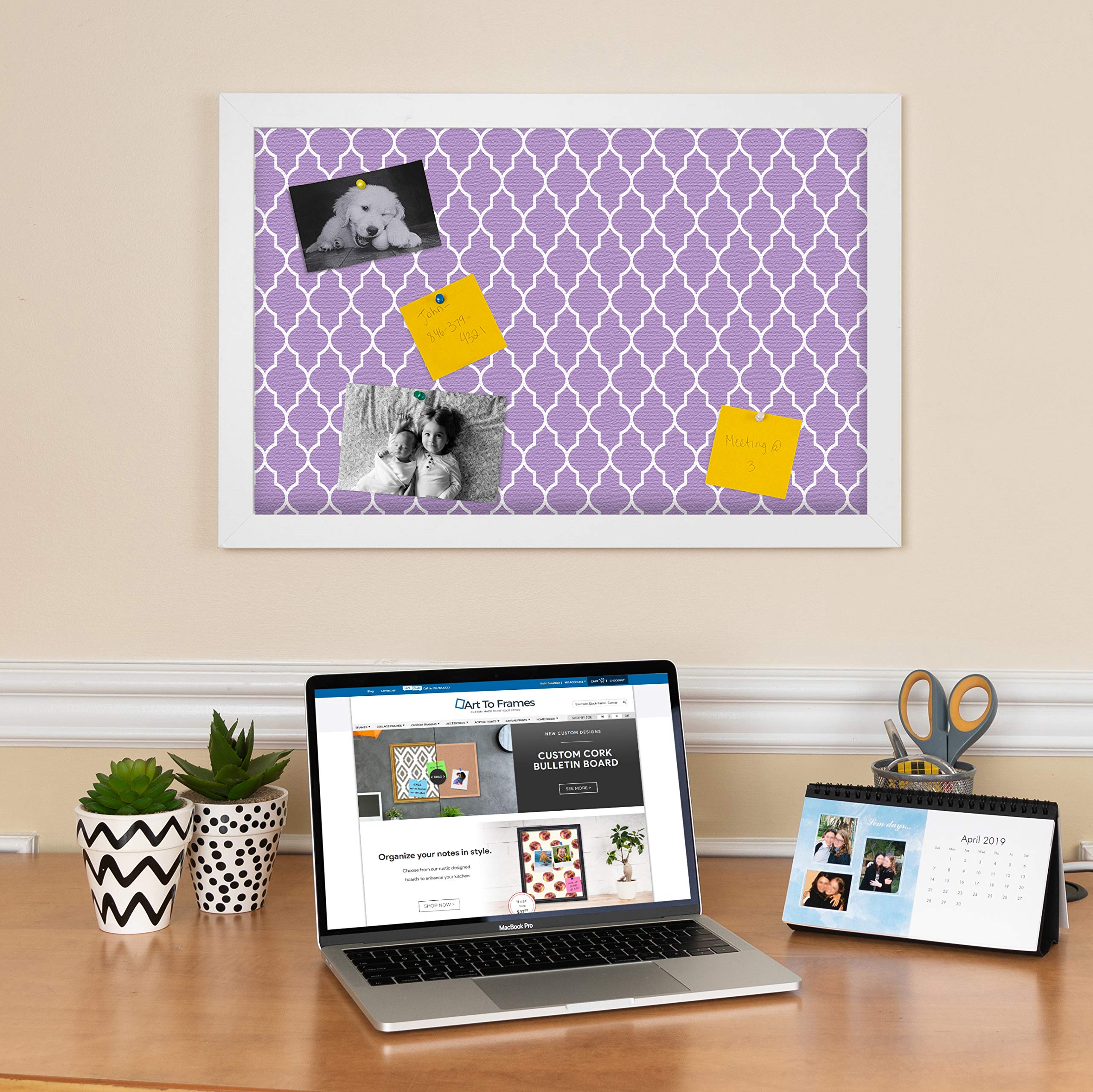 Custom 18x15 Quatrefoil Light Purple Cork Bulletin Board with Canvas Photo Board - Satin White Frame for Home, Office & Dorm Decor | PinPix-489 | Perfect for Memos, Photos & Inspirational Displays