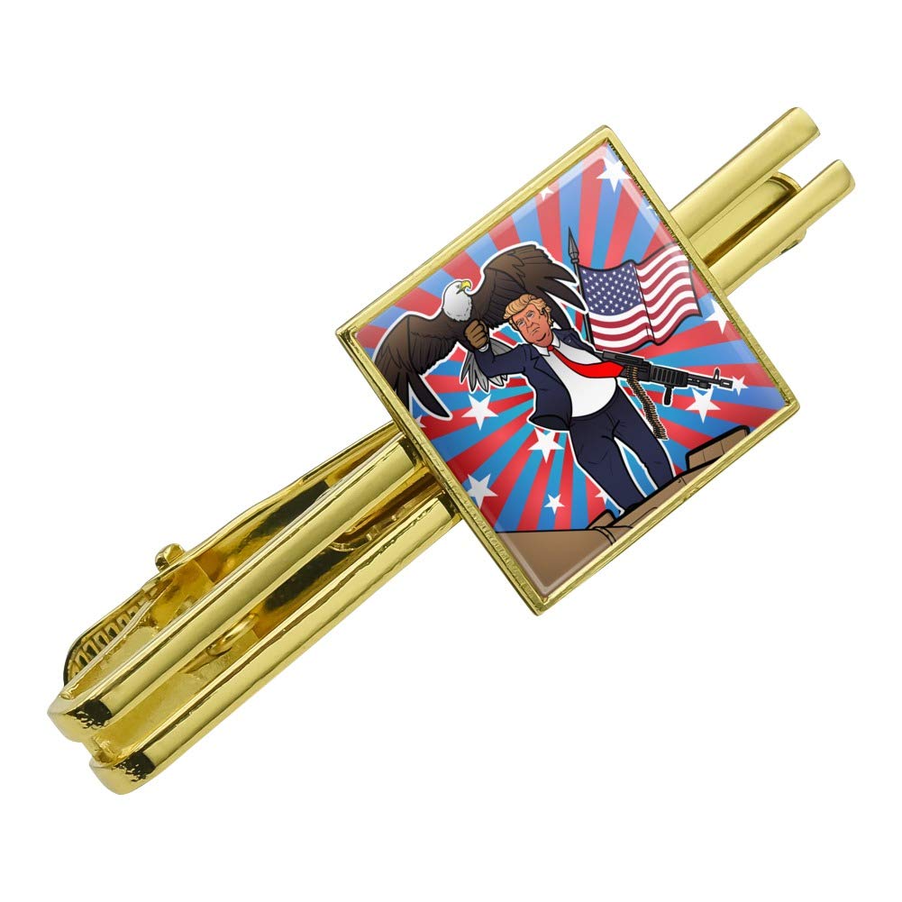 Patriotic Donald Trump with Eagle American Flag Gun Square Tie Bar Clip - Silver or Gold | Perfect for Political Events, Conservative Gatherings & Patriotic Outfits