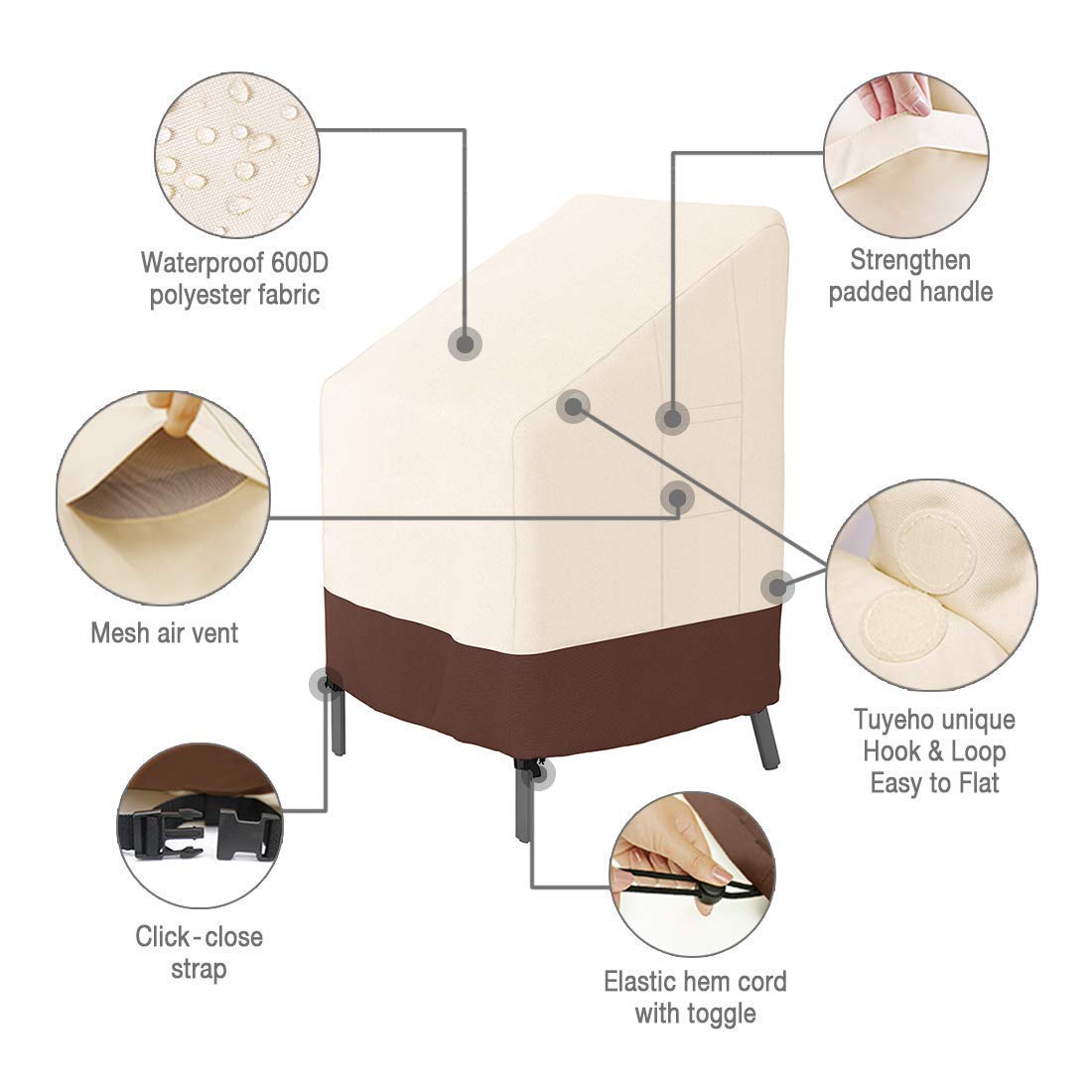 Tuyeho 600D Heavy Duty Waterproof Patio Furniture Covers - Round Table Cover & Outdoor Stackable Chair Covers Set, Weather Resistant Garden Furniture Protector for All Seasons (Beige & Brown) | Perfect for Backyard, Deck, Poolside & Outdoor Dining Areas