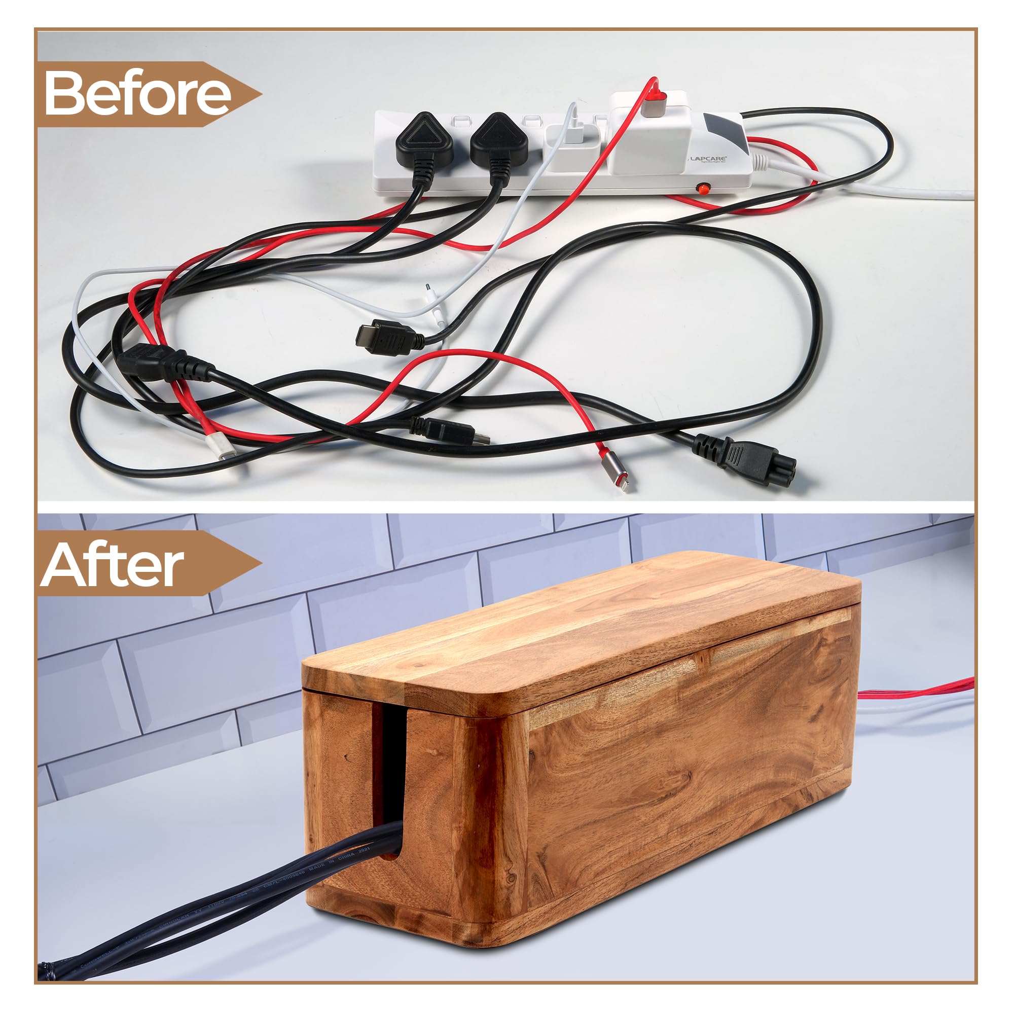 Premium Acacia Wood Cable Management Box - Organize & Hide Desk & Floor Cords - Power Strip Storage Solution for Home & Office Wire Organization - Perfect for Home Office, Living Room & Entertainment Center Setup