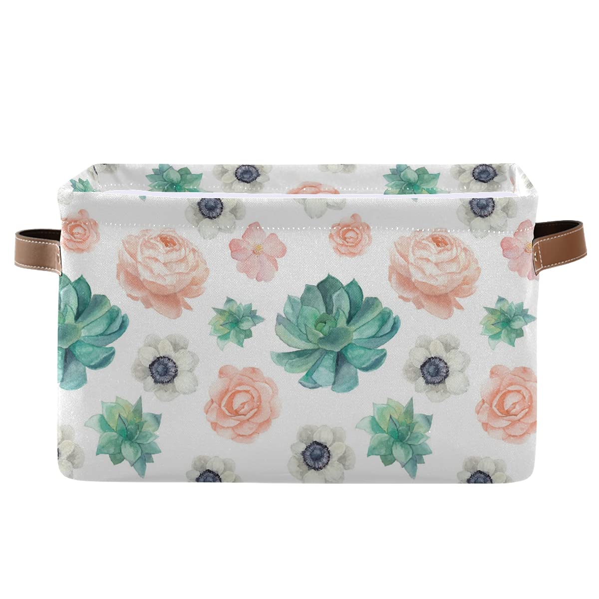 Collapsible Canvas Fabric Storage Basket - Watercolor Succulents Design for Nursery, Toys, Towels & Clothes Organizing | Perfect for Home Decor, Baby Room & Fabric Storage (1-Piece)