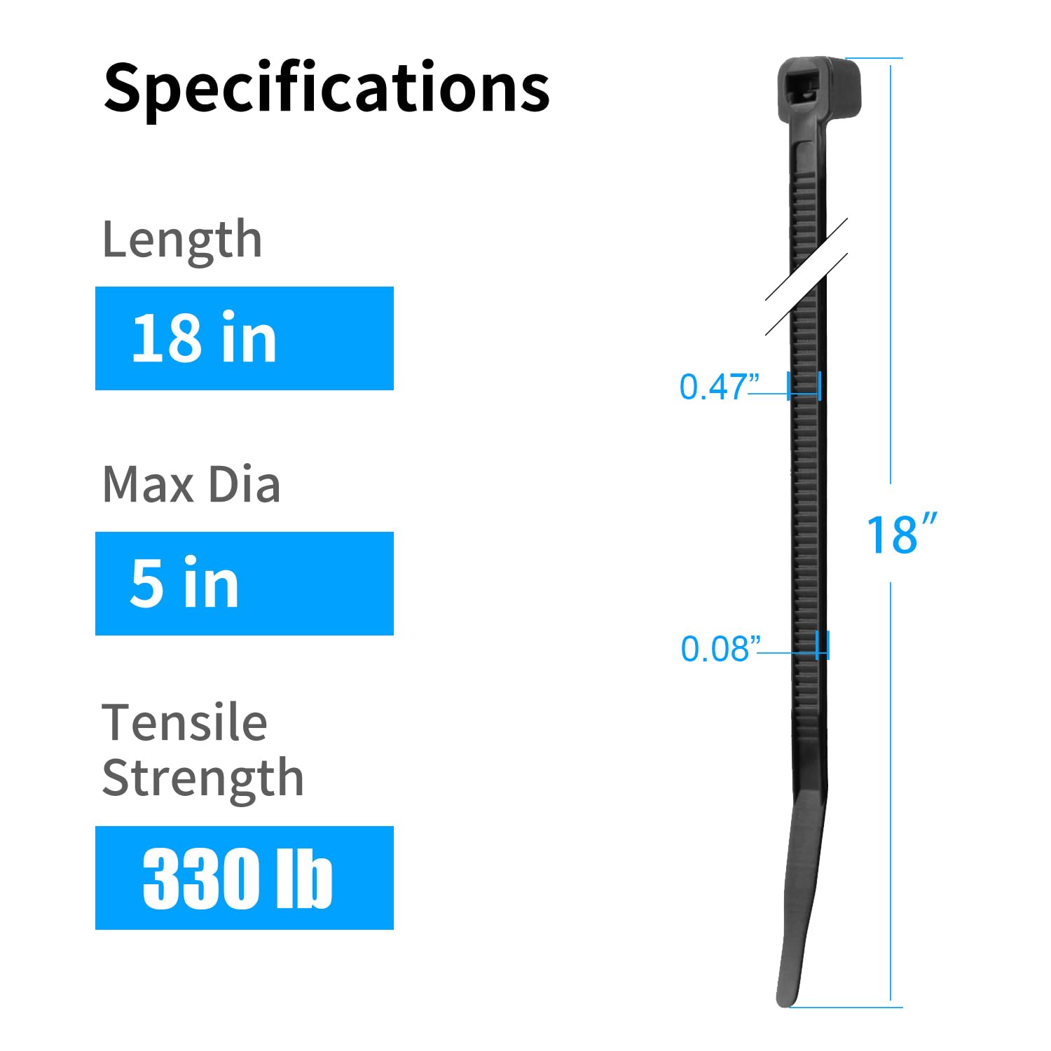XINGO 18-Inch Heavy Duty Black Cable Ties - 50 Pack Ultra Strong 330 lbs Plastic Wire Ties for Indoor & Outdoor Use - Perfect for Bundling Cables, Securing Garden Plants, and Organizing Home or Office Supplies