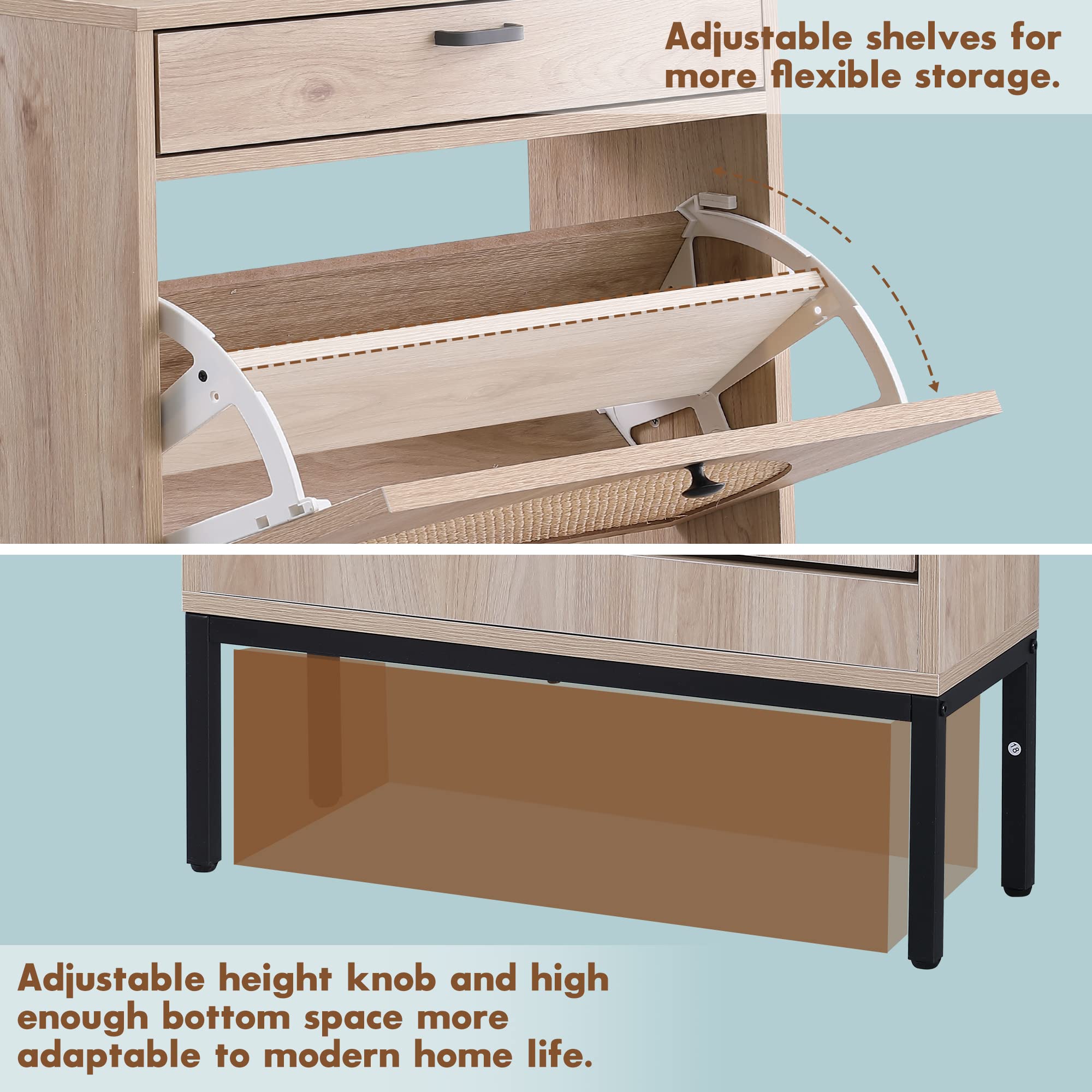 Brafab 2-Tier Shoe Storage Cabinet with Flip Drawers & Small Drawer - Slim Entryway Shoe Organizer with Woven Rattan Doors for Sneakers, Boots & Sandals - Perfect for Hallway, Closet & Bedroom Organization