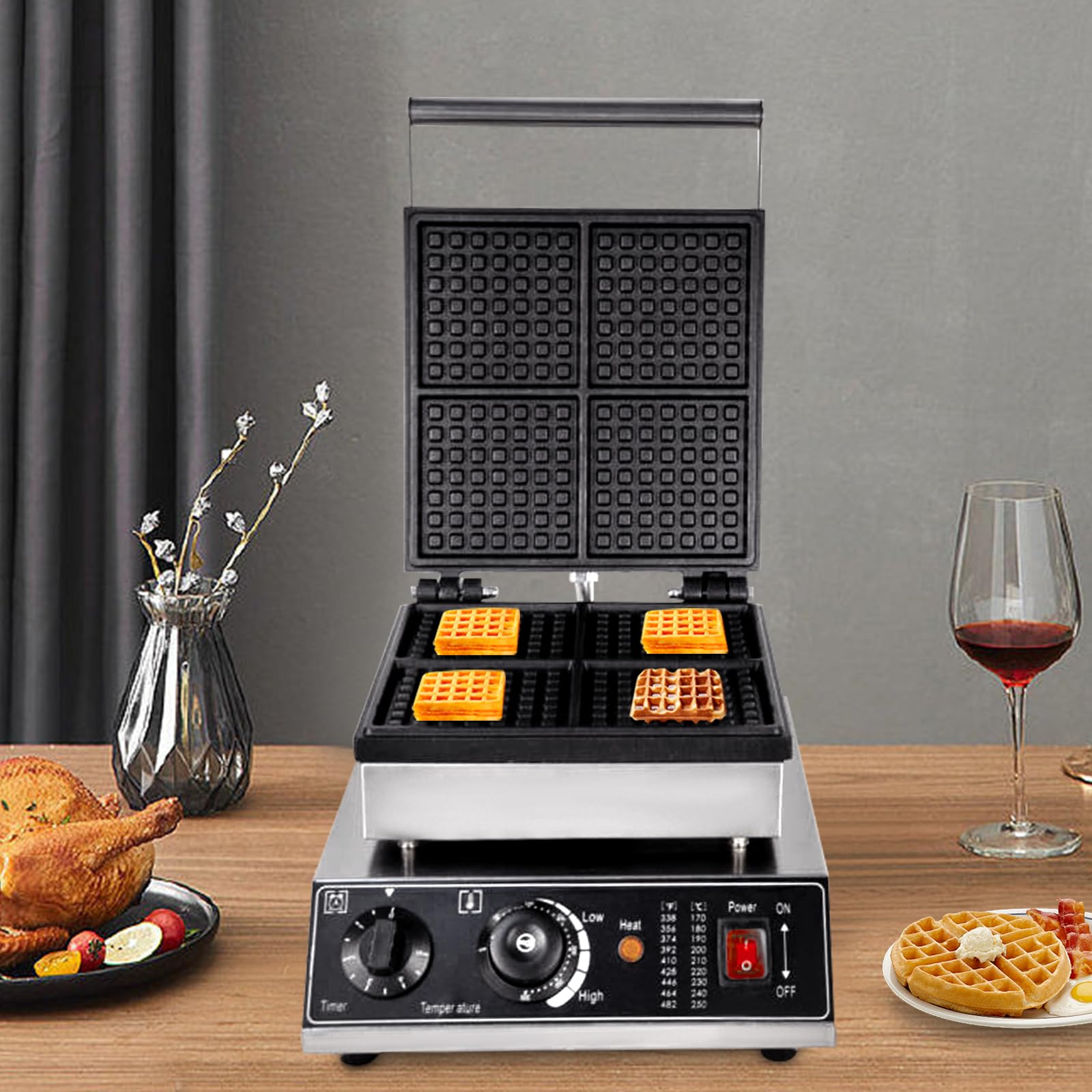 110V Commercial Waffle Maker - 1750W Electric Waffle Machine with 4 Nonstick Plates, Adjustable Time & Temperature Controls for Perfect Waffles - Ideal for Restaurants, Cafes, Breakfast Shops and Home Use - Great for Sunday Brunch, Family Gatherings and Breakfast Businesses