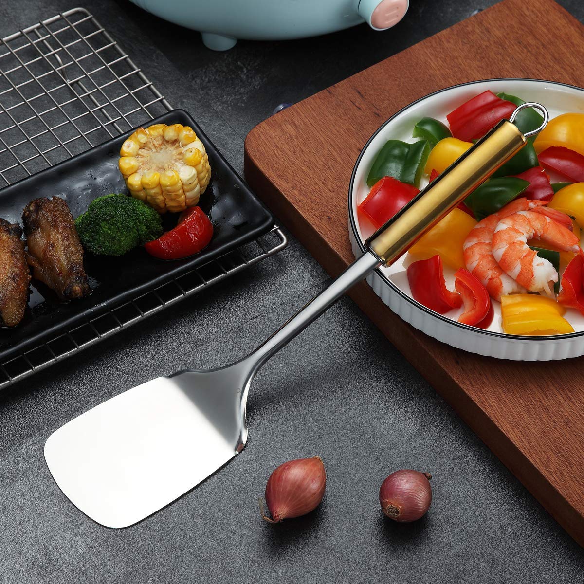 Premium Stainless Steel Spatula with Gold Handle - Titanium Plated Solid Turner for Cooking, Flipping, BBQ & Fish - Durable Kitchen Utensil for Grilling, Frying & Baking (Gold Handle)