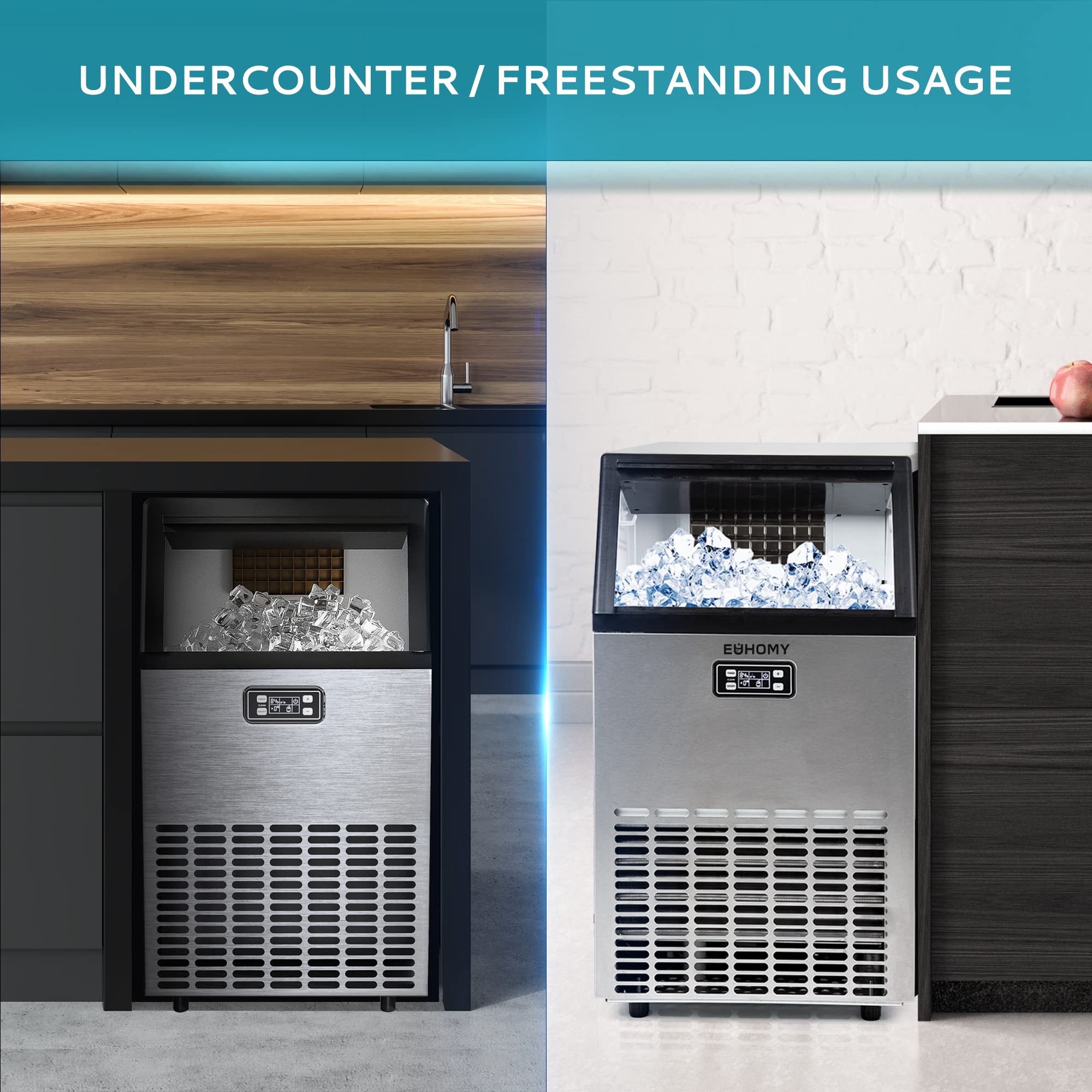 EUHOMY Commercial Ice Maker Machine - 95lbs Daily Output, 33lbs Storage Capacity, Stainless Steel Freestanding & Under Counter Ice Maker for Home, Bar, Restaurant, Outdoor Use - Perfect for Parties, Cocktails, and Camping