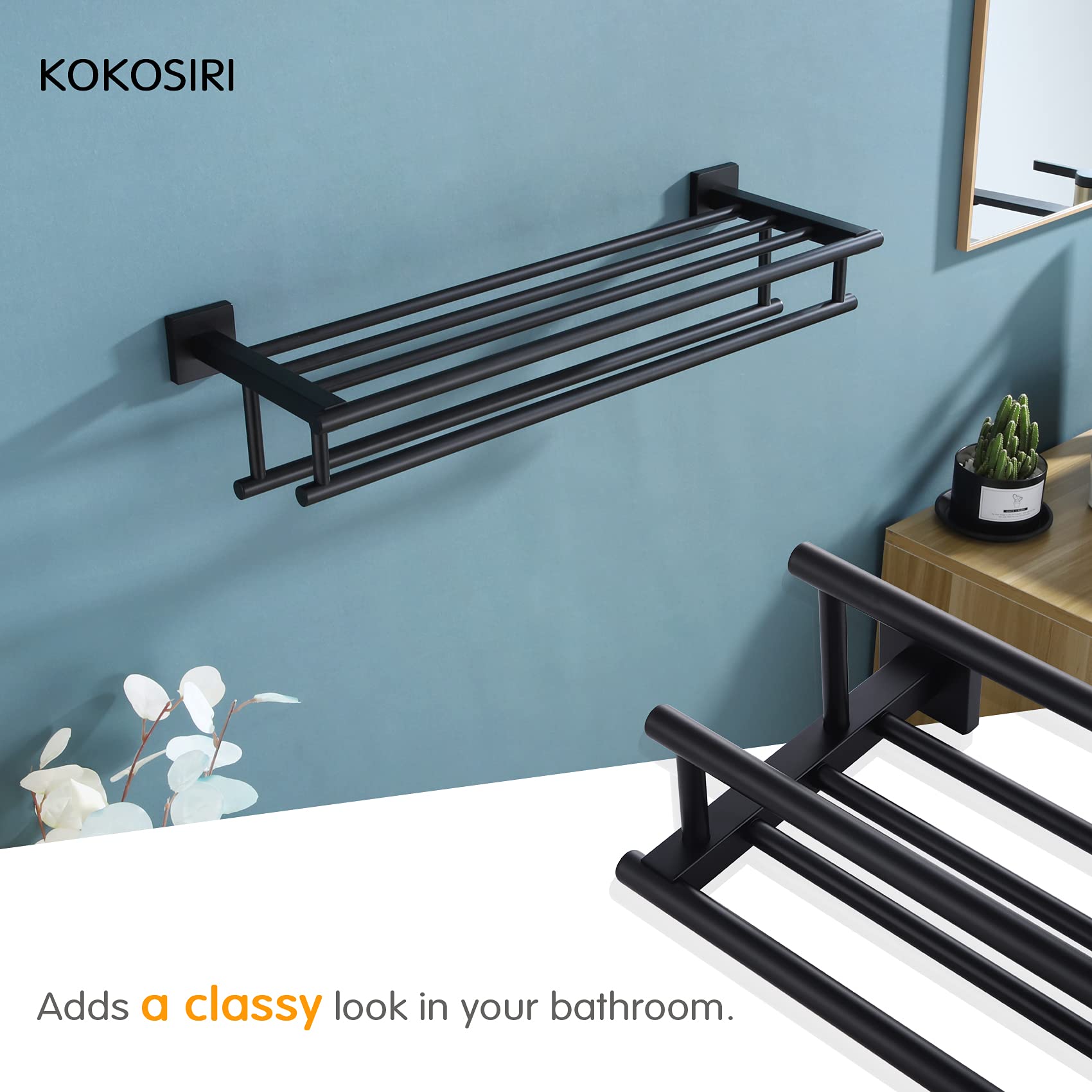 KOKOSIRI 20 Inch Double Towel Bar Wall Mounted Bathroom Towel Rack - Stainless Steel Matte Black Towel Holder for Bathroom & Shower Organization (B6005BK-L20) | Perfect for Small Spaces & Modern Home Decor