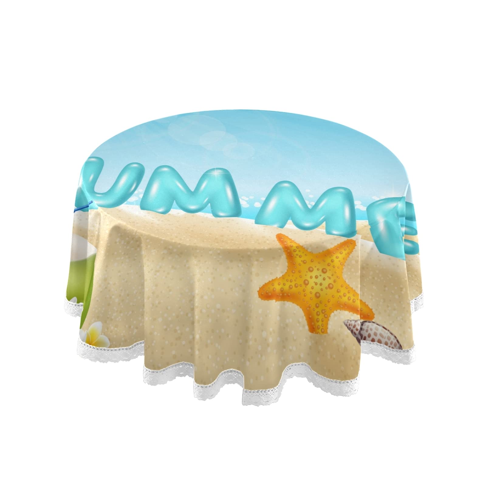 60 Inch Round Beach Coconut Starfish Tablecloth - Washable Polyester Lace Table Cover for Kitchen, Party, Picnic & Dining Decor | Perfect for Summer Outdoor Entertaining