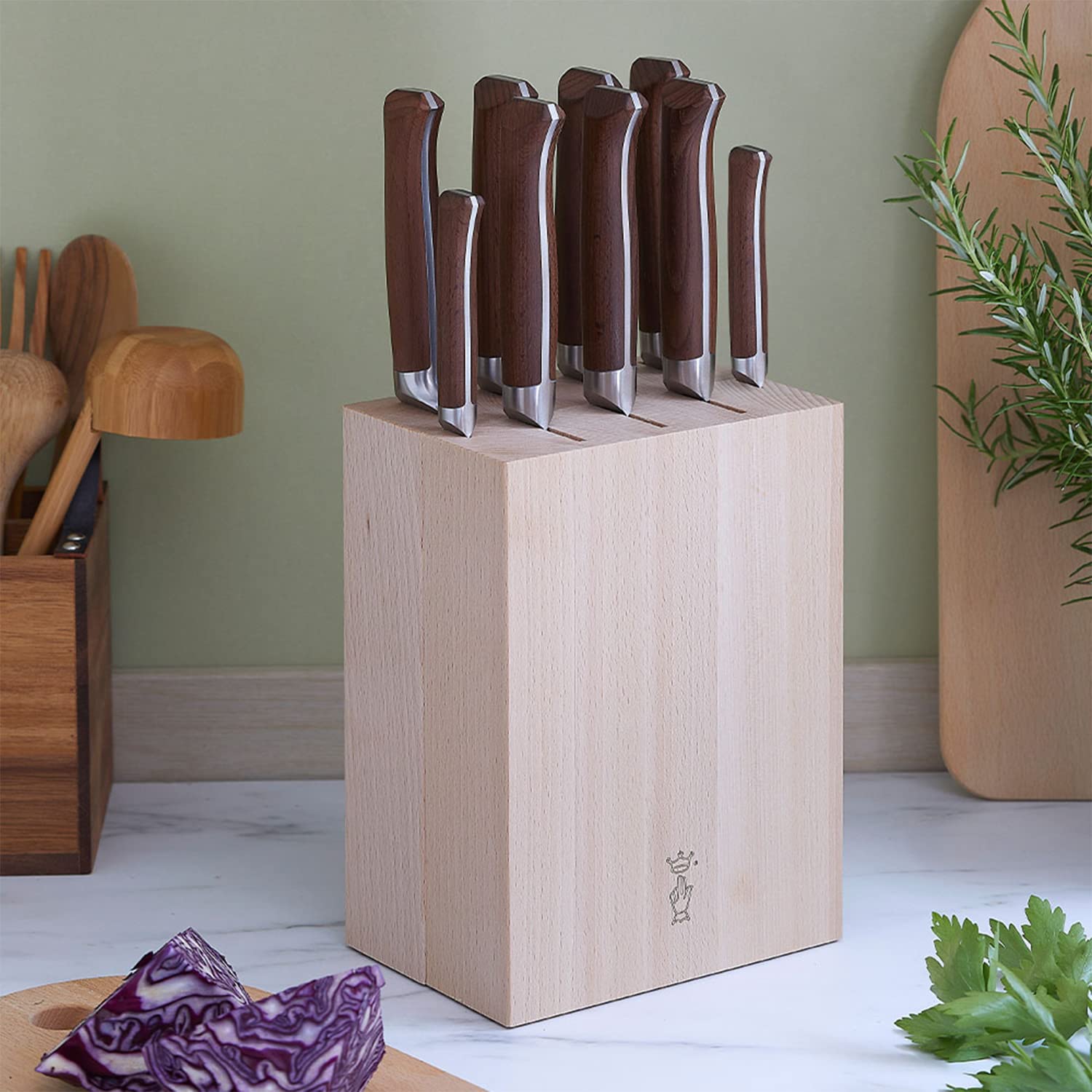 OPINEL Beech Wood Knife Storage Block - Elegant 9-Slot Knife Holder for Kitchen Organization | Perfect for Storing Chef Knives, Steak Knives & Kitchen Cutlery Safely