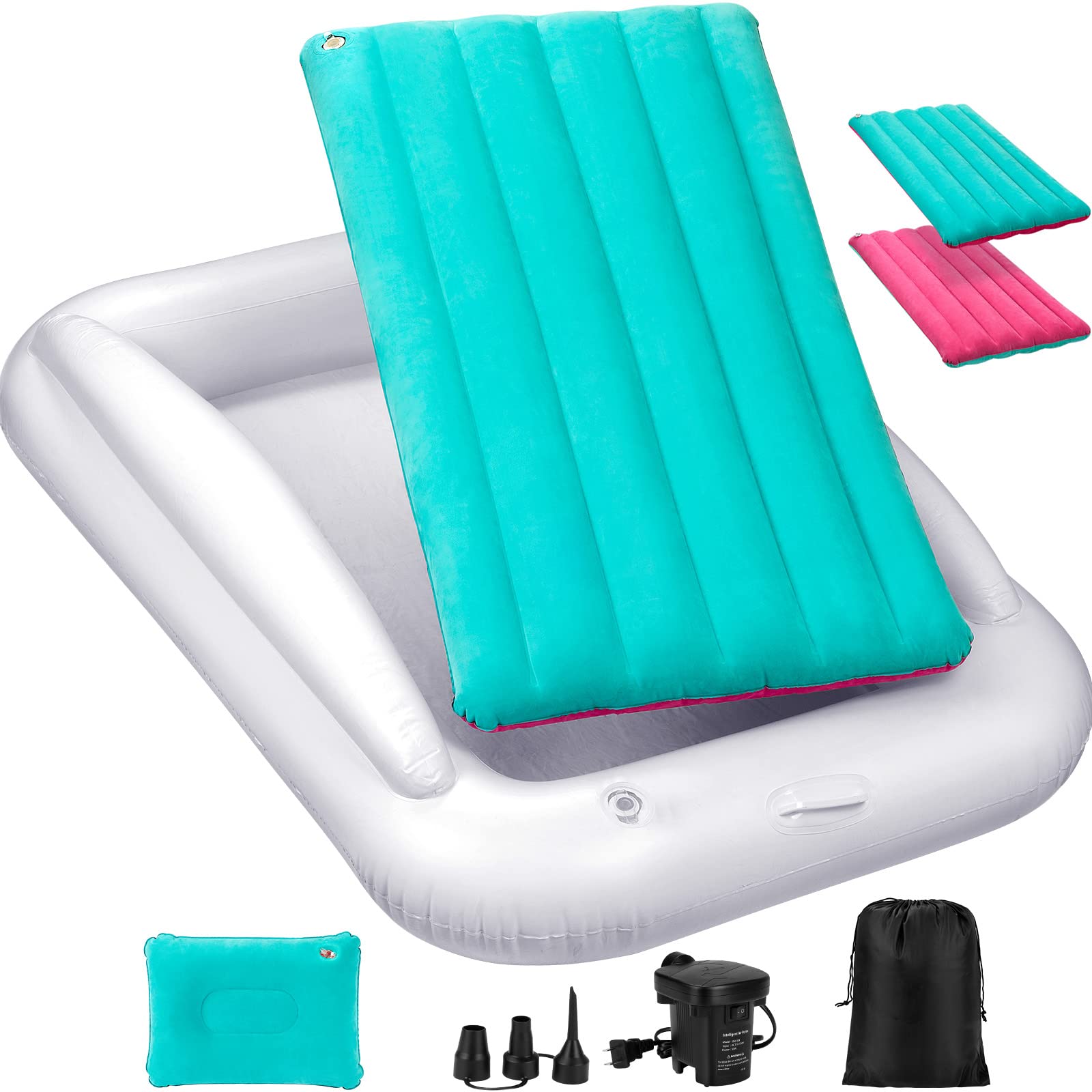 Portable Inflatable Toddler Travel Bed with Pump, Case & Pillow - Lightweight Kids Air Mattress for Camping, Sleepovers & Family Trips - Mint Green & Pink
