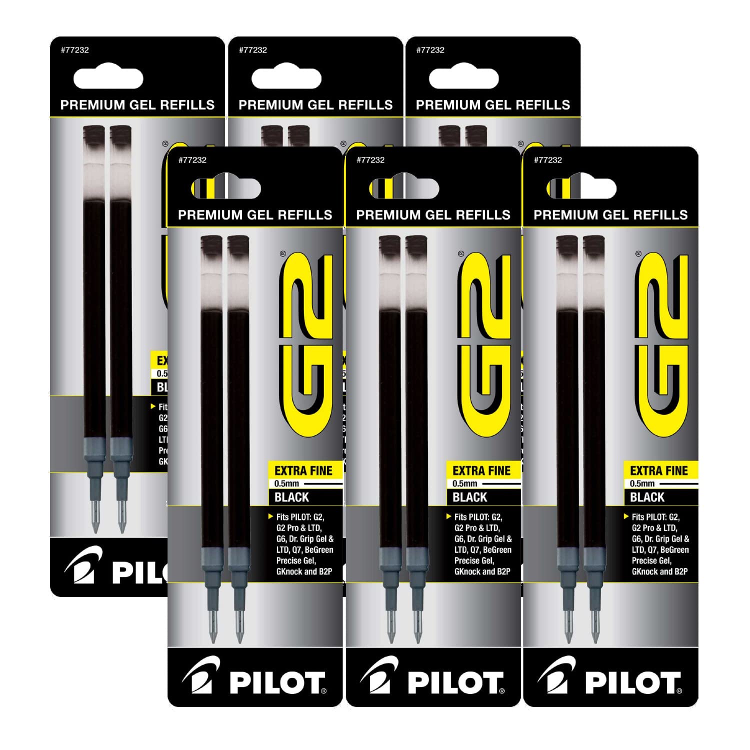 Pilot G2 Gel Ink Refill Cartridges - 6 Pack Extra Fine Point 0.38mm Black Ink (PIL77232) - Perfect for Smooth Writing in Journals, Office Documents & Note Taking
