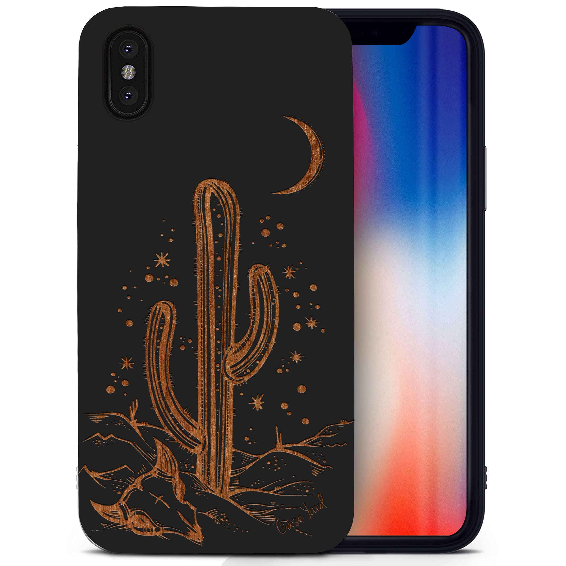 CaseYard Wooden Phone Case for iPhone X - Laser Engraved Night in Desert Design, Black Wood Protective Shockproof Slim Fit Cover for Men & Women | Perfect for Outdoor Adventures, Travel & Daily Use