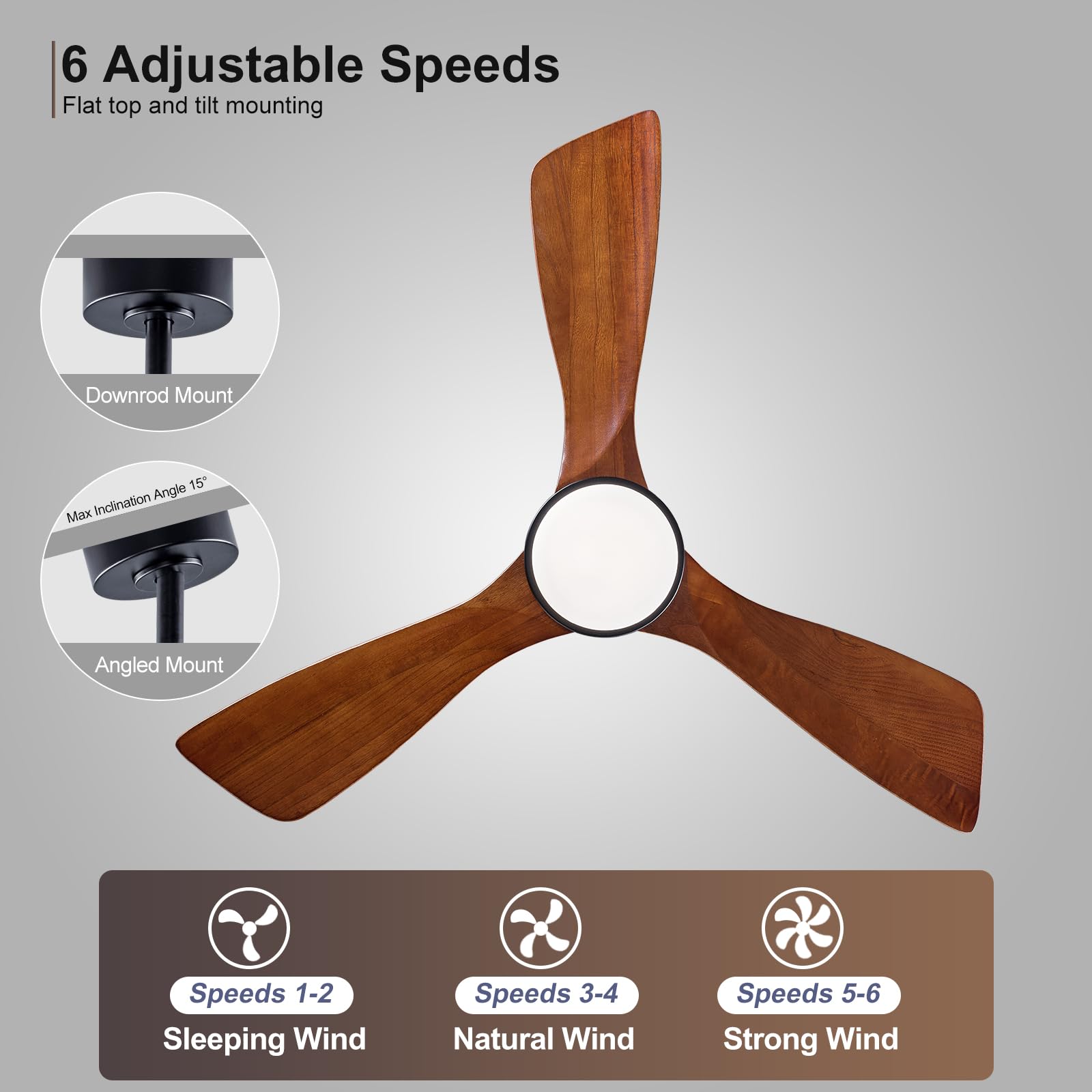 BOJUE 42 Inch Modern Black Ceiling Fan with Light and Remote Control - Dimmable LED Light, Ultra Quiet Reversible DC Motor, Memory Function - Solid Wood Indoor/Outdoor Ceiling Fan for Office, Patio, Living Room, Bedroom, Dining Room