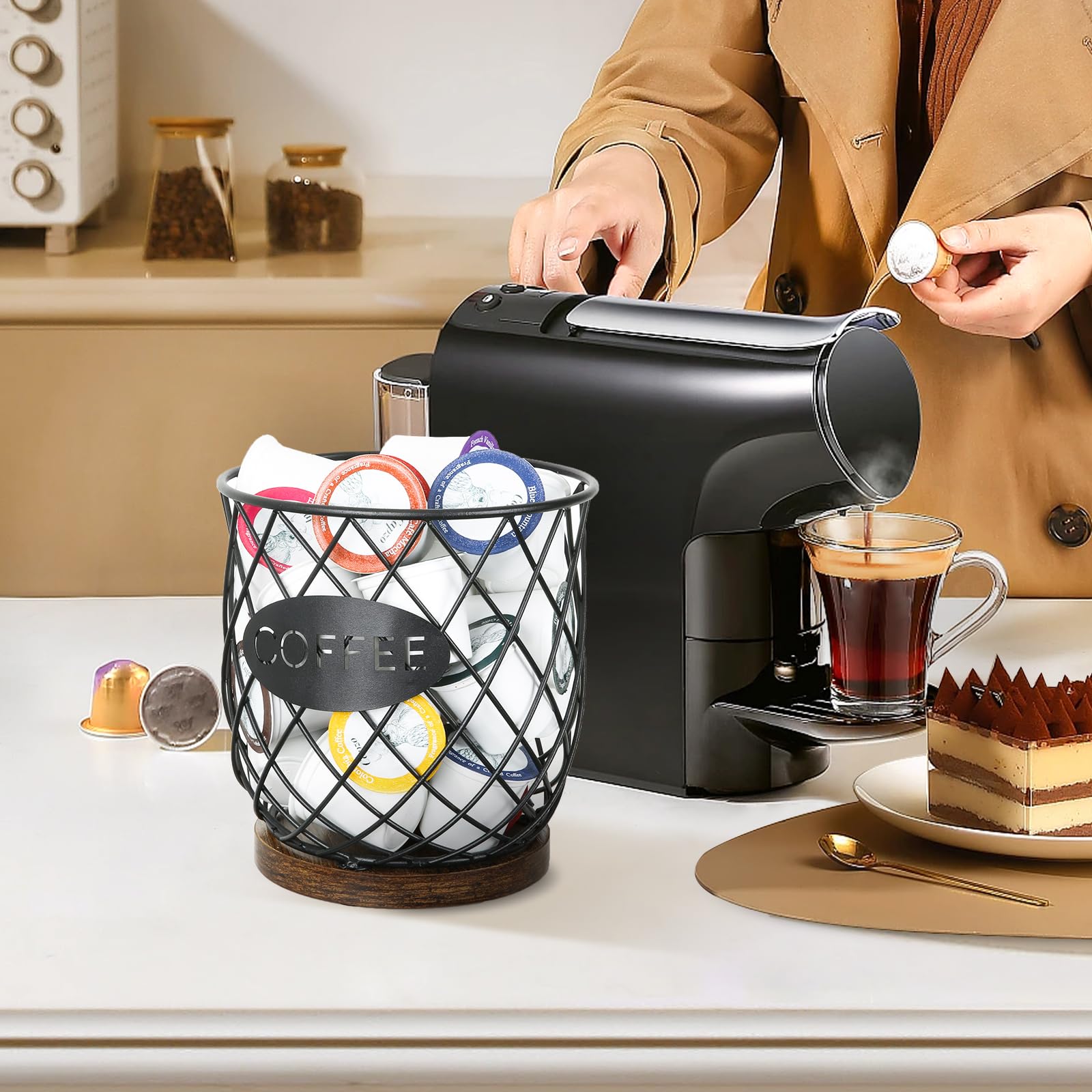 YINMIT Large Capacity K Cup Holder Organizer - Sturdy Coffee Pod Storage Basket for Keurig K-Cups (Holds 35 Pods) - Perfect for Kitchen Counter & Office Desktop Organization (Circular Grid Design) - Ideal for Coffee Lovers & Office Break Rooms