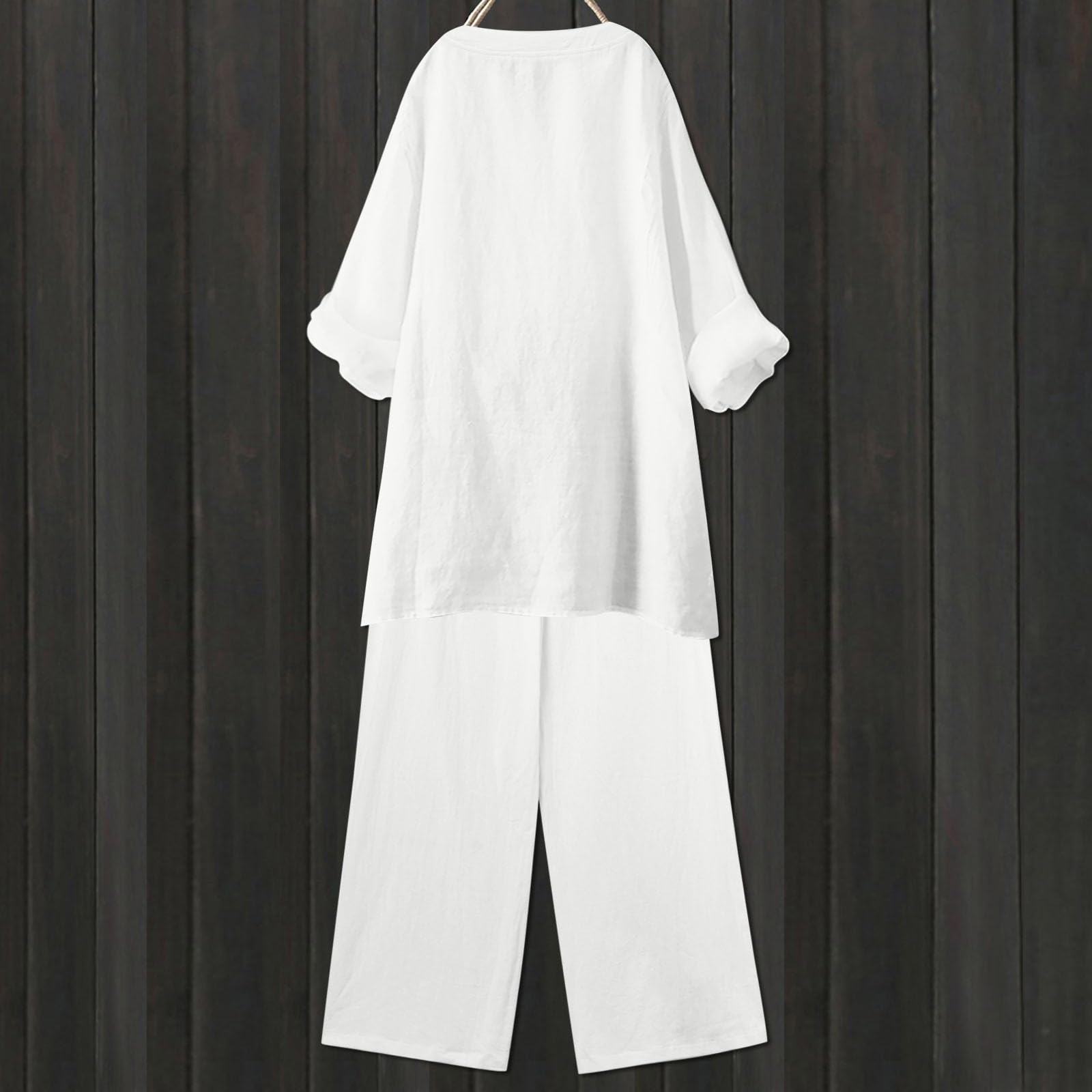 Women's 2-Piece Linen Pants Set - Casual V-Neck Button Down Shirt & High Waist Pants Outfit for Beach, Travel & Summer | Breathable Comfort Outfits for Women