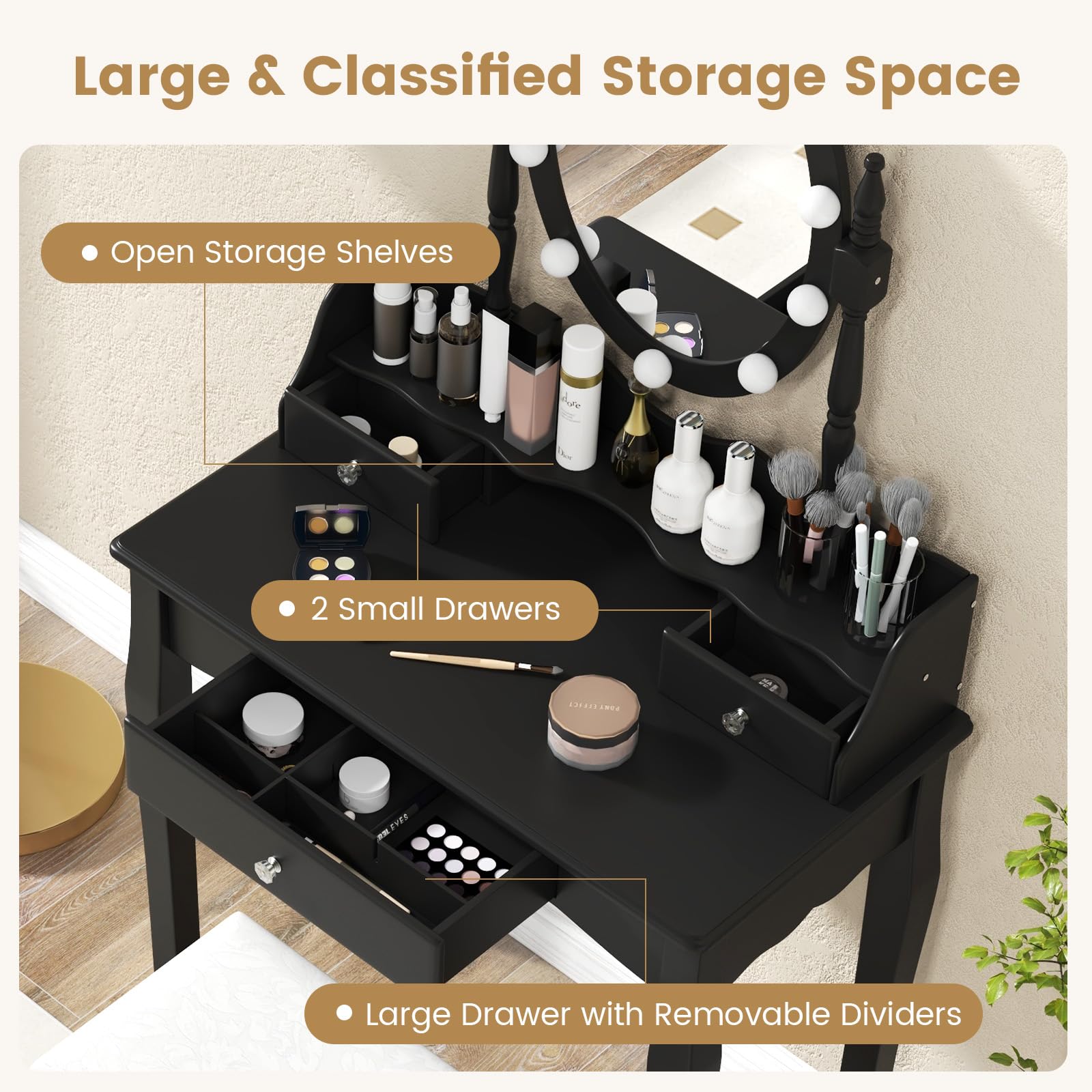 Charmaid Girls Makeup Vanity Desk with LED Lights - Adjustable Brightness & 3 Lighting Modes - Modern Vanity Table with Lighted Mirror, 3 Drawers & Stool - Perfect for Small Spaces & Bedroom Decor (Black)