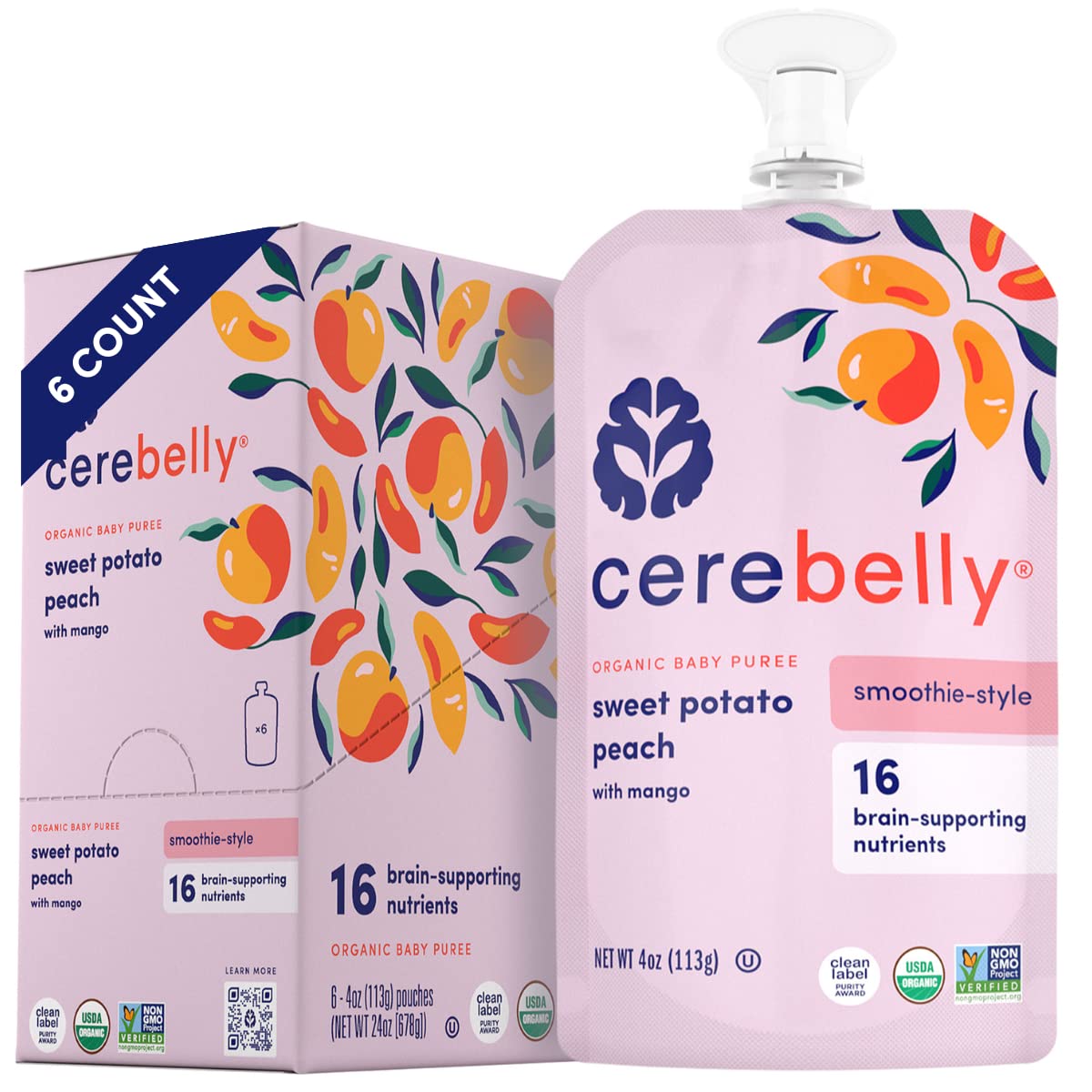 Organic Cerebelly Sweet Potato Peach Smoothie Pouch (Pack of 6) - Healthy Baby Food & Kids Snacks with 16 Essential Nutrients - Brain-Boosting Superfood Puree, No Added Sugar - Perfect for On-the-Go Meals, School Lunches & Toddler Snack Time