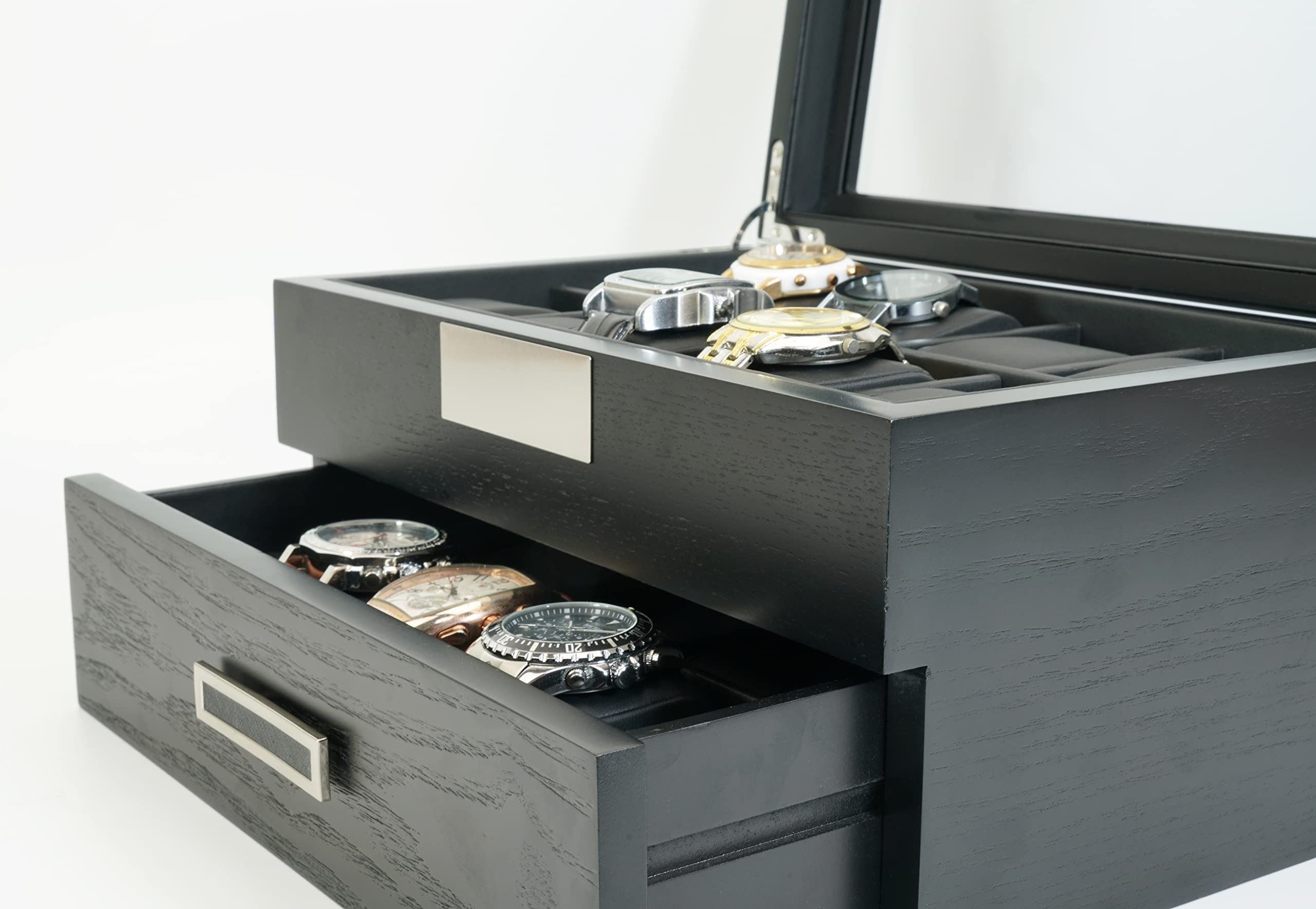 Premium 20-Slot Ebony Wood Watch Display Case with Glass Top - 2-Tier Jewelry Organizer with Stainless Steel Accents & 2 Drawers - Perfect for Watch Collectors, Jewelry Storage & Retail Store Displays