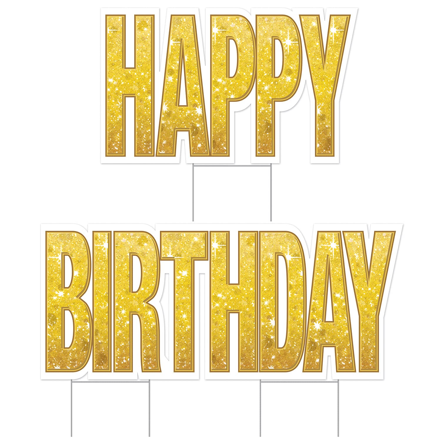 Beistle Gold Plastic Jumbo Happy Birthday Yard Sign with Metal Stakes - Outdoor Party Decorations for Birthday Celebrations, Backyard Events & Garden Parties