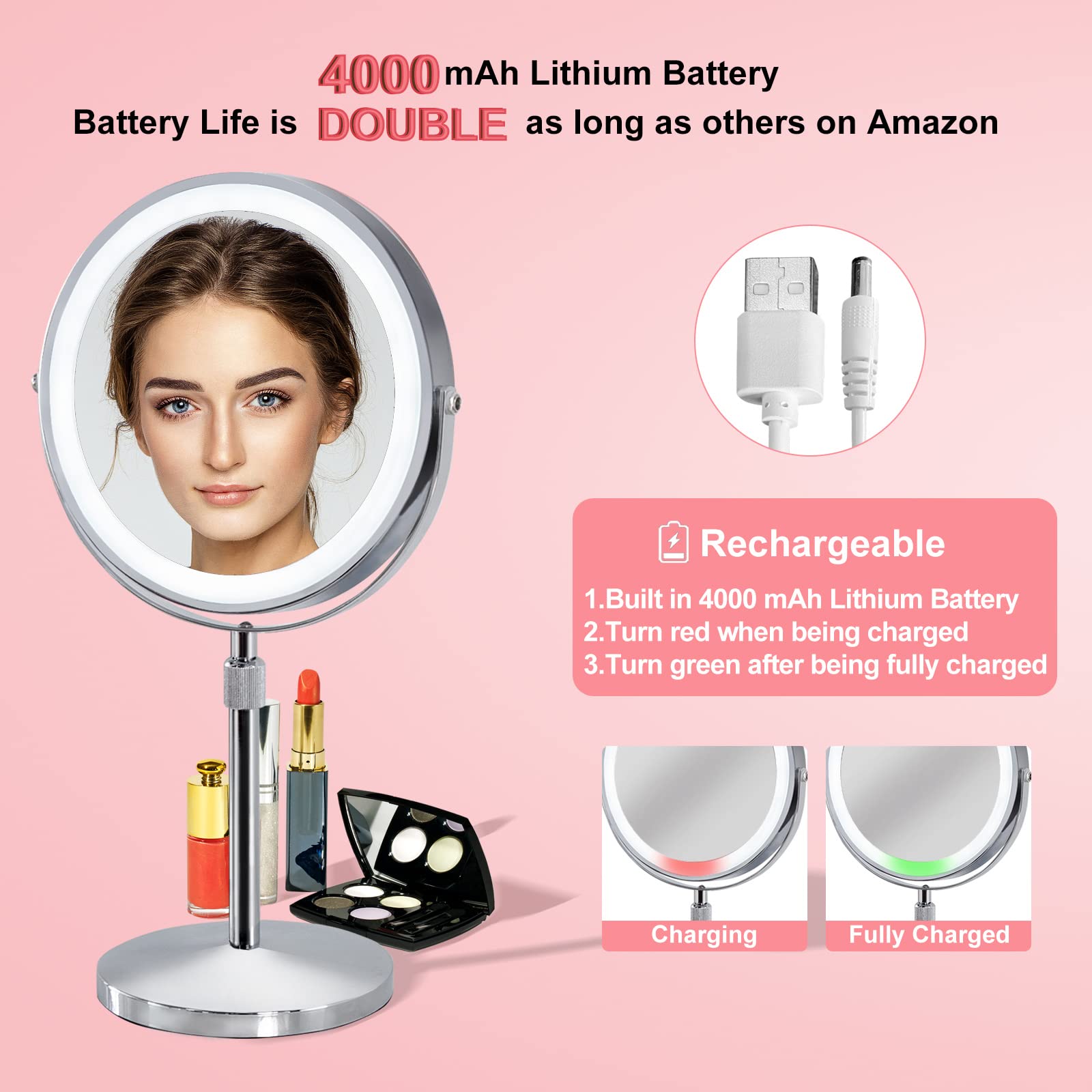 Furgatti 8 Inch Lighted Makeup Mirror with 3 Color LED Lights & Touch Control - 4000mAh Battery, Adjustable Height, 1x/10x Magnification - Perfect for Vanity Table, Home Makeup Studio & Travel (Silver) - Ideal Gift for Women