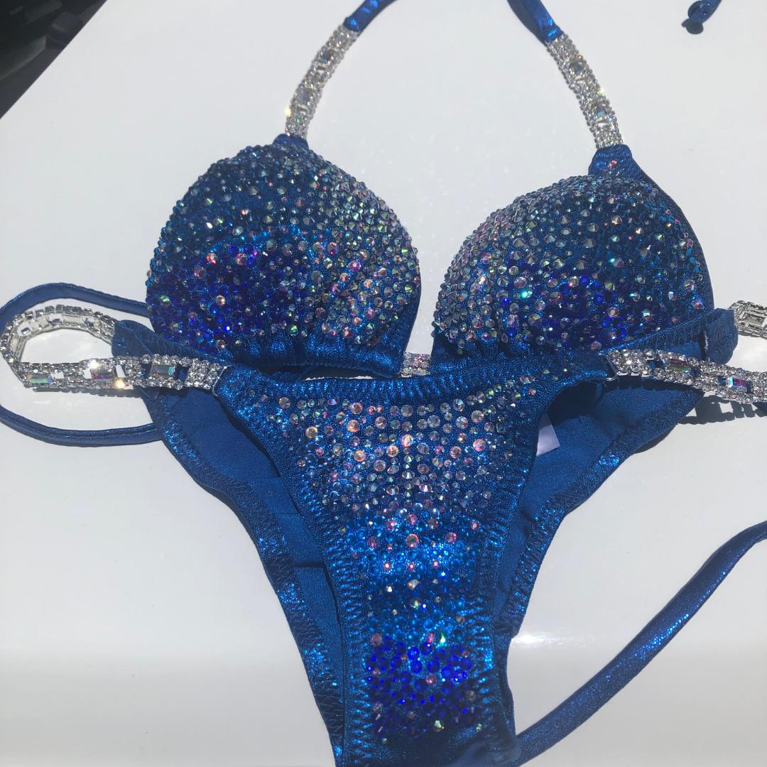 Royal Blue Bikini Competition Suit - NPC Approved Rhinestone Posing Swimsuit for Bodybuilding & Fitness Shows | Perfect for Stage Performances and Photo Shoots