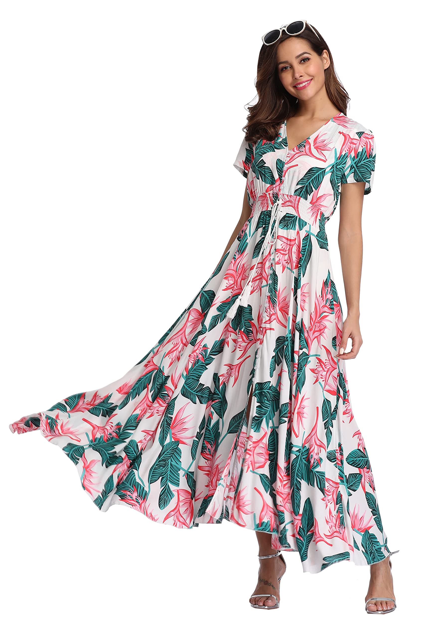 Boho Floral Maxi Dress for Women - Summer Button Up Beach Dress with Side Split & Flowy Design | Perfect for Beach Parties, Vacations & Casual Outings