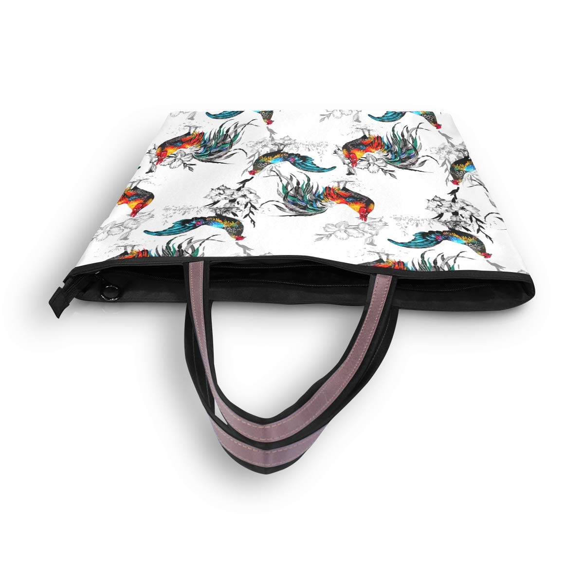 Stylish Women's Tote Bag with Top Handle & Shoulder Strap - Large Rooster Floral Print Zip Closure Handbag for Work, Travel & Shopping