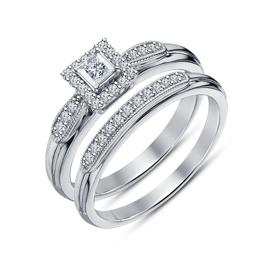 Palaksh Jewelry Princess & Round Cut White Diamond 925 Sterling Silver 14K White Gold Over Diamond Wedding Band Engagement Bridal Ring Set for Women - Perfect for Proposals, Anniversaries & Bridal Jewelry Gifts