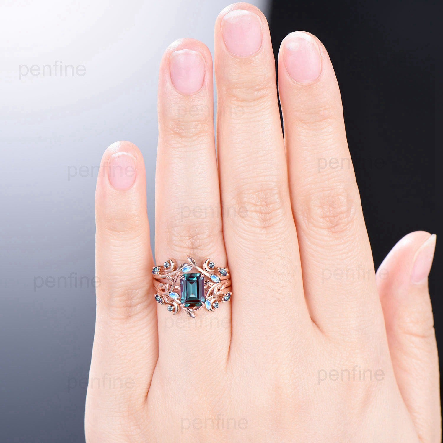 Art Deco Emerald Cut Alexandrite Engagement Ring Set - Nature Inspired Moonstone Wedding Jewelry with Double Leaf Vine Design - June Birthstone Bridal Ring for Women - Perfect for Proposals, Anniversaries & Special Occasions