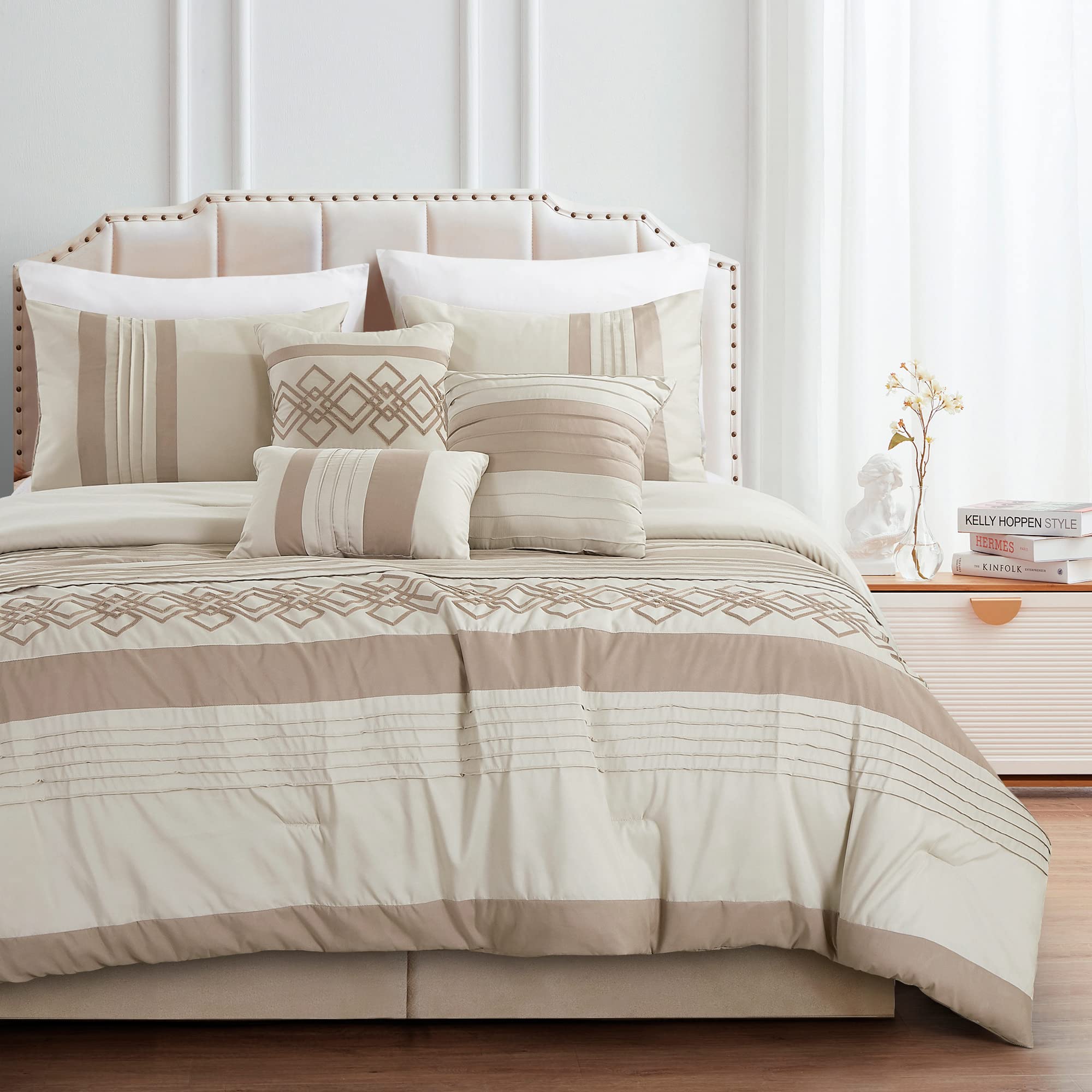 Chezmoi Collection Ariel 7-Piece Taupe Geometric Chenille Embroidery Pleated Striped Comforter Bedding Set Queen Size - Soft Luxury Bedroom Decor for Modern Homes & Guest Rooms