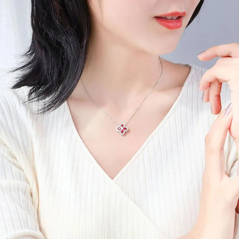 14K White Gold Natural Ruby & Sapphire Four Leaf Clover Diamond Pendant Necklace - Elegant Jewelry Gift for Wedding, Anniversary & Special Occasions | Perfect for Romantic Gifts, Bridal Jewelry & Everyday Luxury Wear