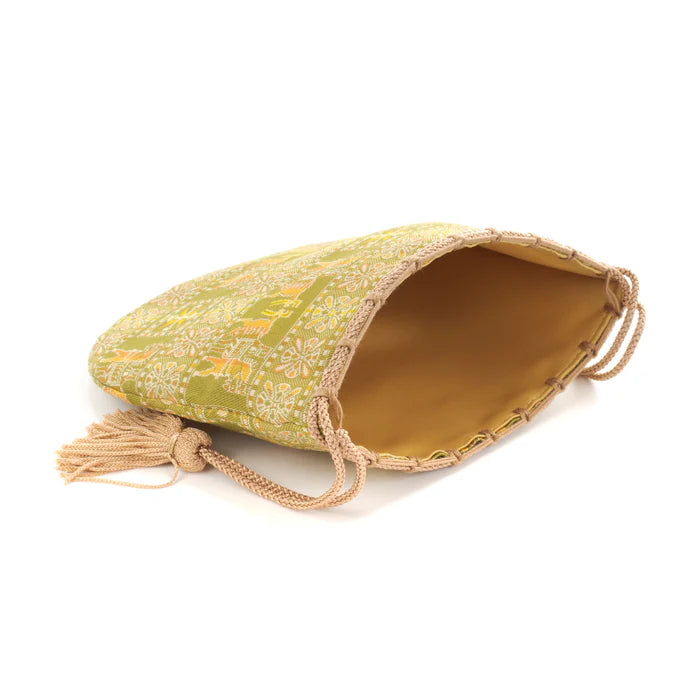 Nishijin Ori Small Drawstring Bag - Horse & Green Design | Handmade in Kyoto Japan | Traditional Japanese Craft Purse for Coins, Jewelry & Gifts