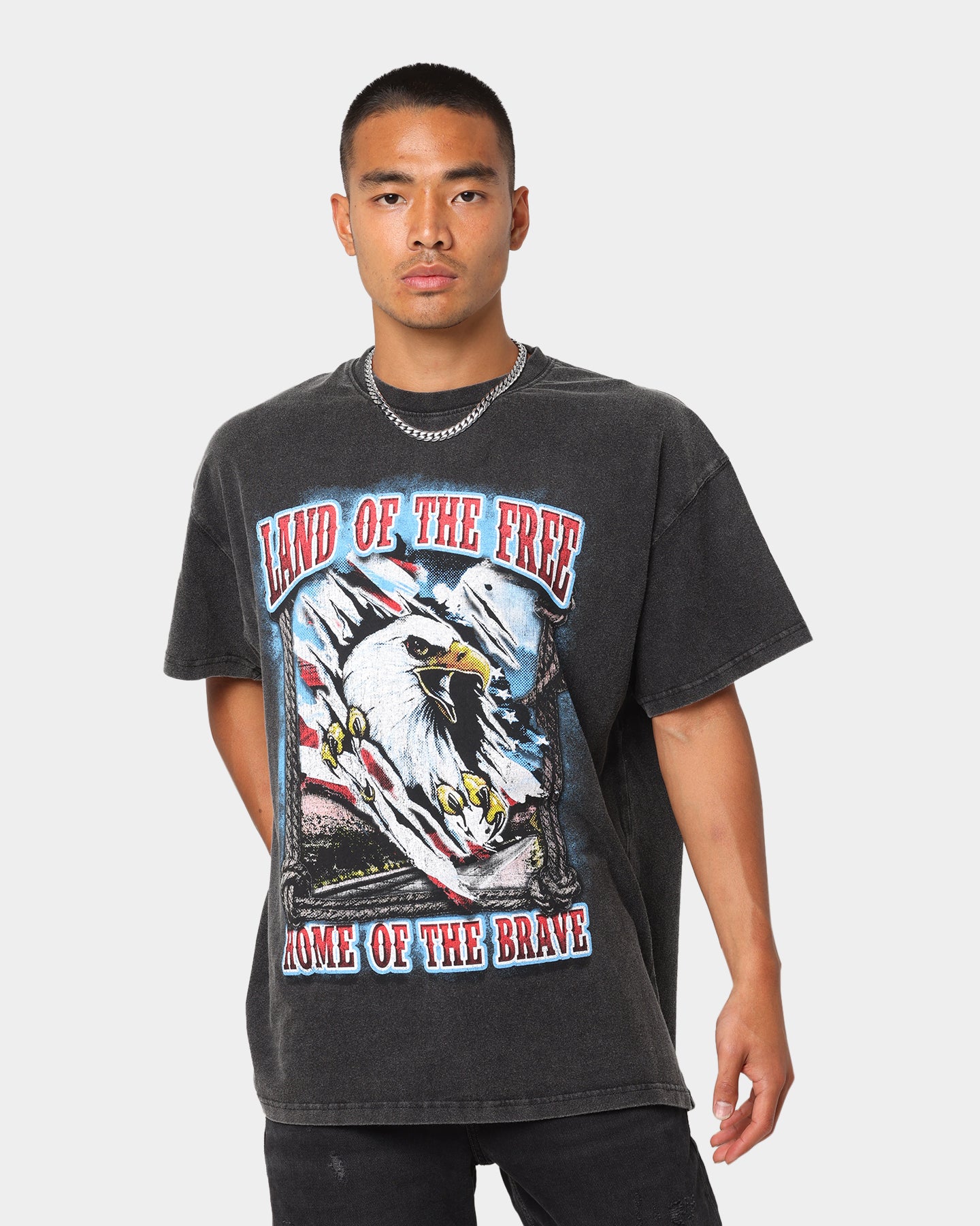 Vintage American Thrift 'Land Of The Free' T-Shirt - Distressed Black Wash Style for Casual Wear & Patriotic Outfits