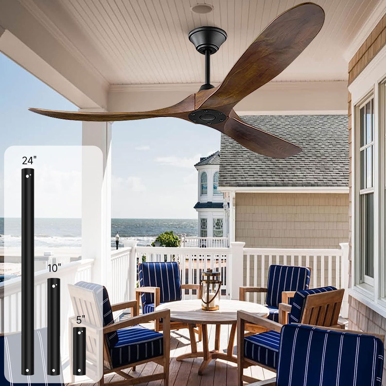 60 Inch Outdoor Ceiling Fan No Light - 3 Blade Solid Wood Modern Farmhouse Ceiling Fan with Remote Control - Ideal for Patio, Porch, Exterior & High/Low Sloped Ceilings