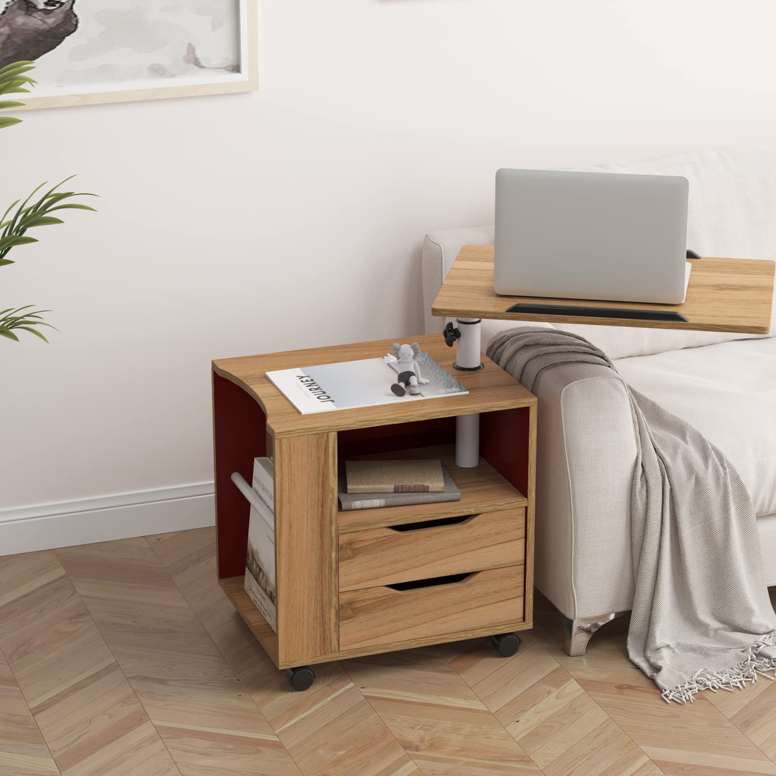 Adjustable Height Nightstand with Storage Drawer & Shelf - Mobile Coffee Table, Sofa Table & Bedside Table for Living Room, Bedroom & Office - Solid Oak Wood - Perfect for Small Spaces, Apartment Living & Home Office Organization