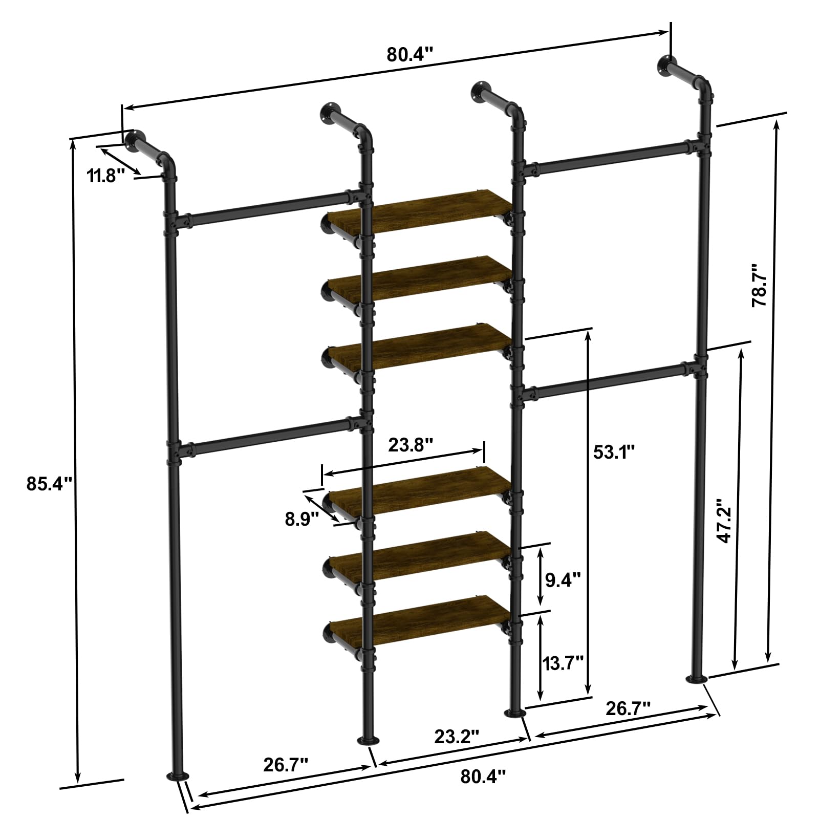 Heavy Duty Industrial Pipe Clothing Rack - Wall Mounted Garment Rack with Shelves for Closet & Wardrobe Organization | Walk-in Closet System for Home, Laundry Room & Commercial Use