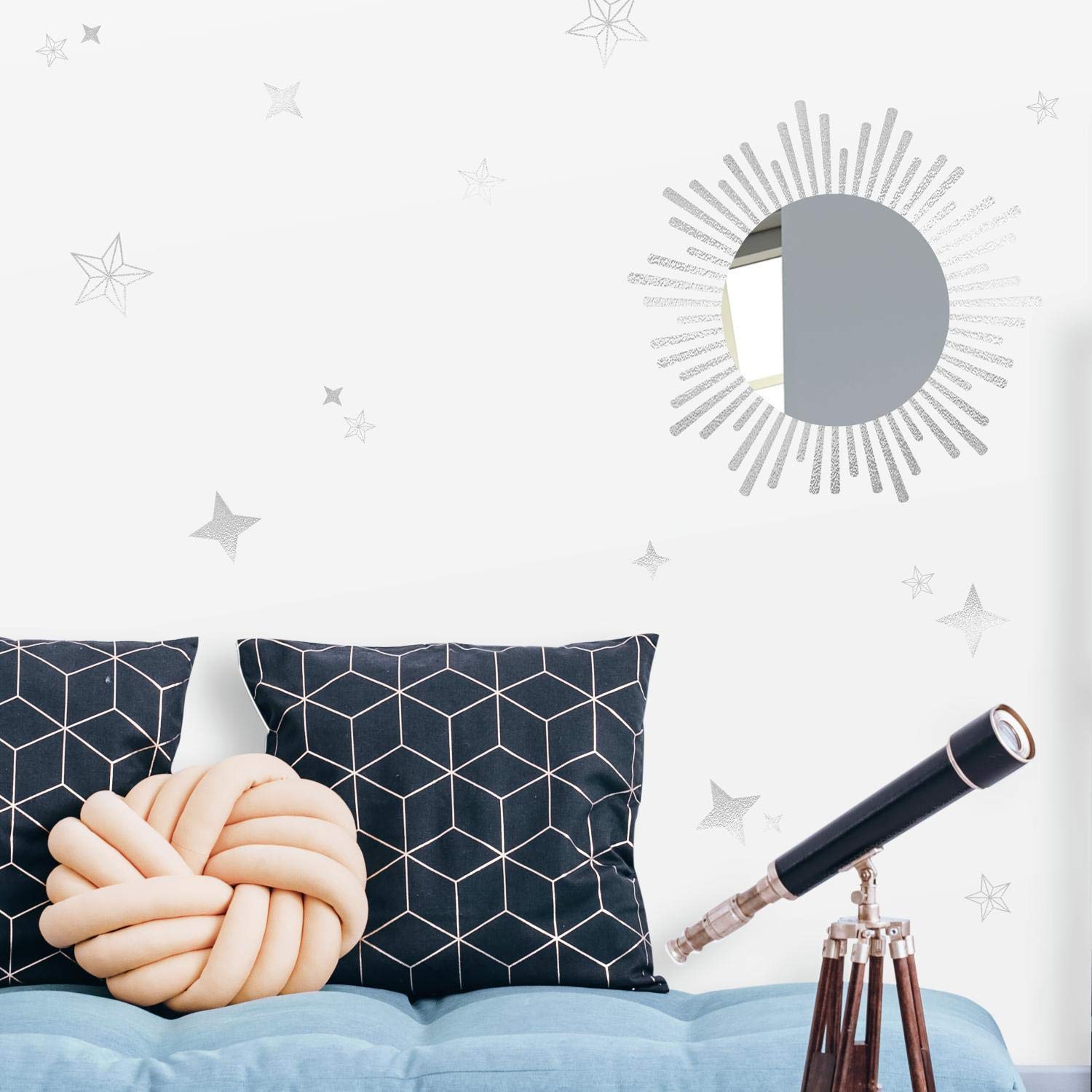 RoomMates RMK3897BX Sunburst Peel and Stick Wall Decals with Round Mirror - Silver | Self-Adhesive Wall Art for Bedroom, Nursery, Living Room Decor