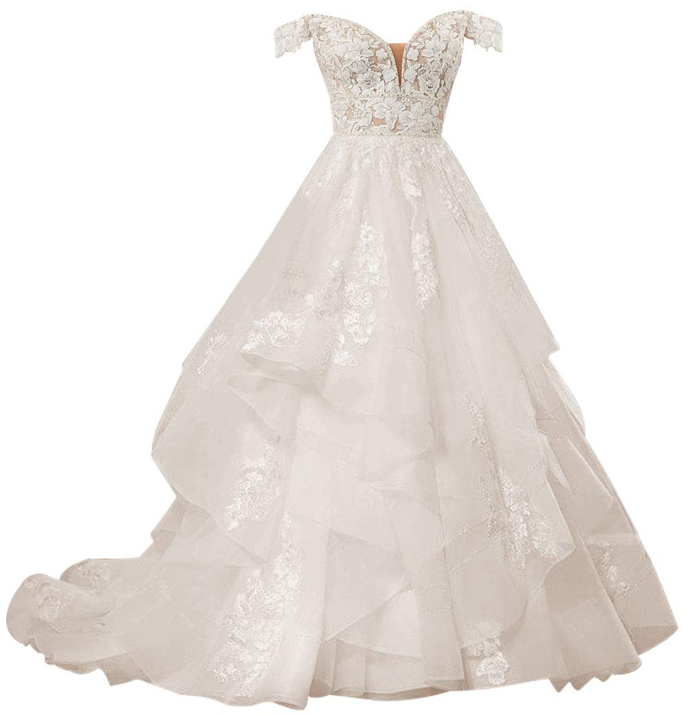 Elegant Lace Wedding Dresses with Ruffles - Off Shoulder V-Neck Bridal Gowns for Romantic Ceremonies & Beach Weddings
